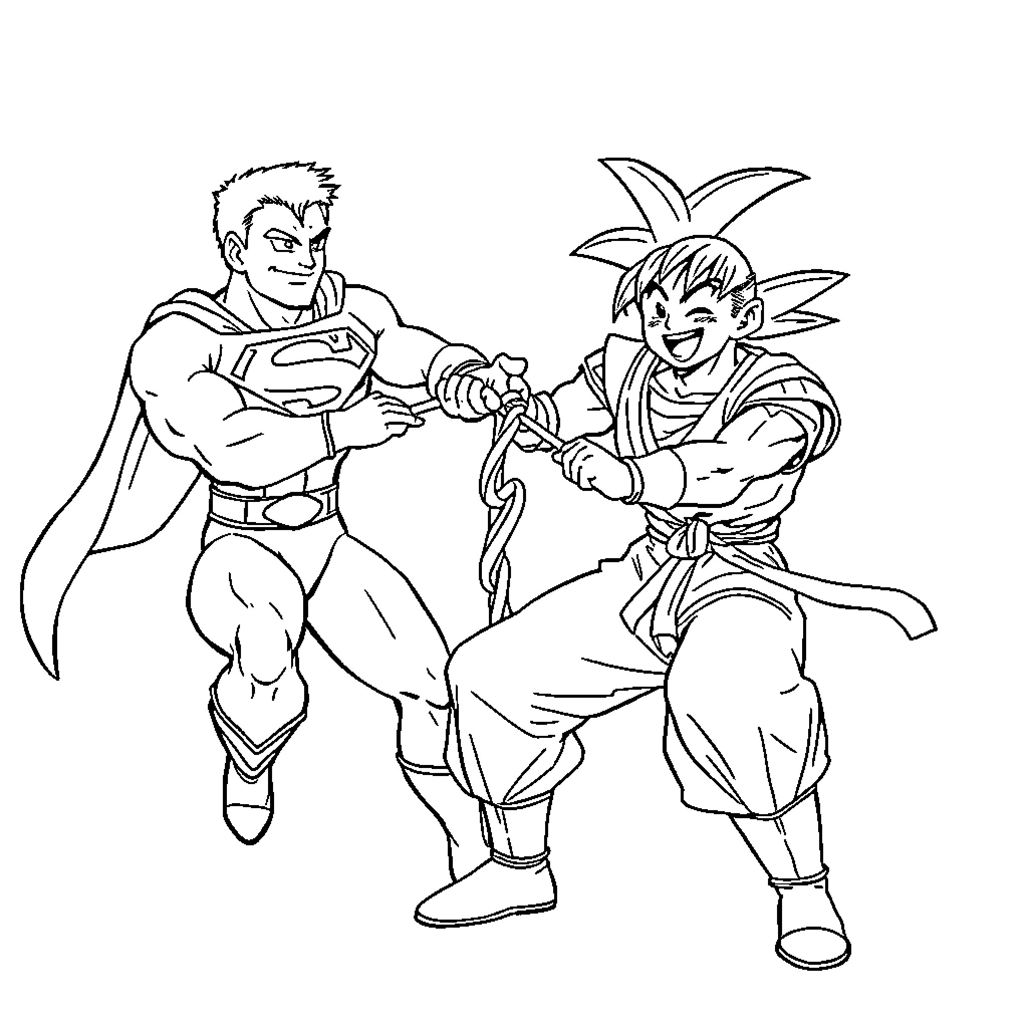 Superman Battles Goku in Heroic Clash Coloring Page (free black-and-white line drawing printable PDF for all, from beginners to advanced learners, including children, teens, adults, and seniors)