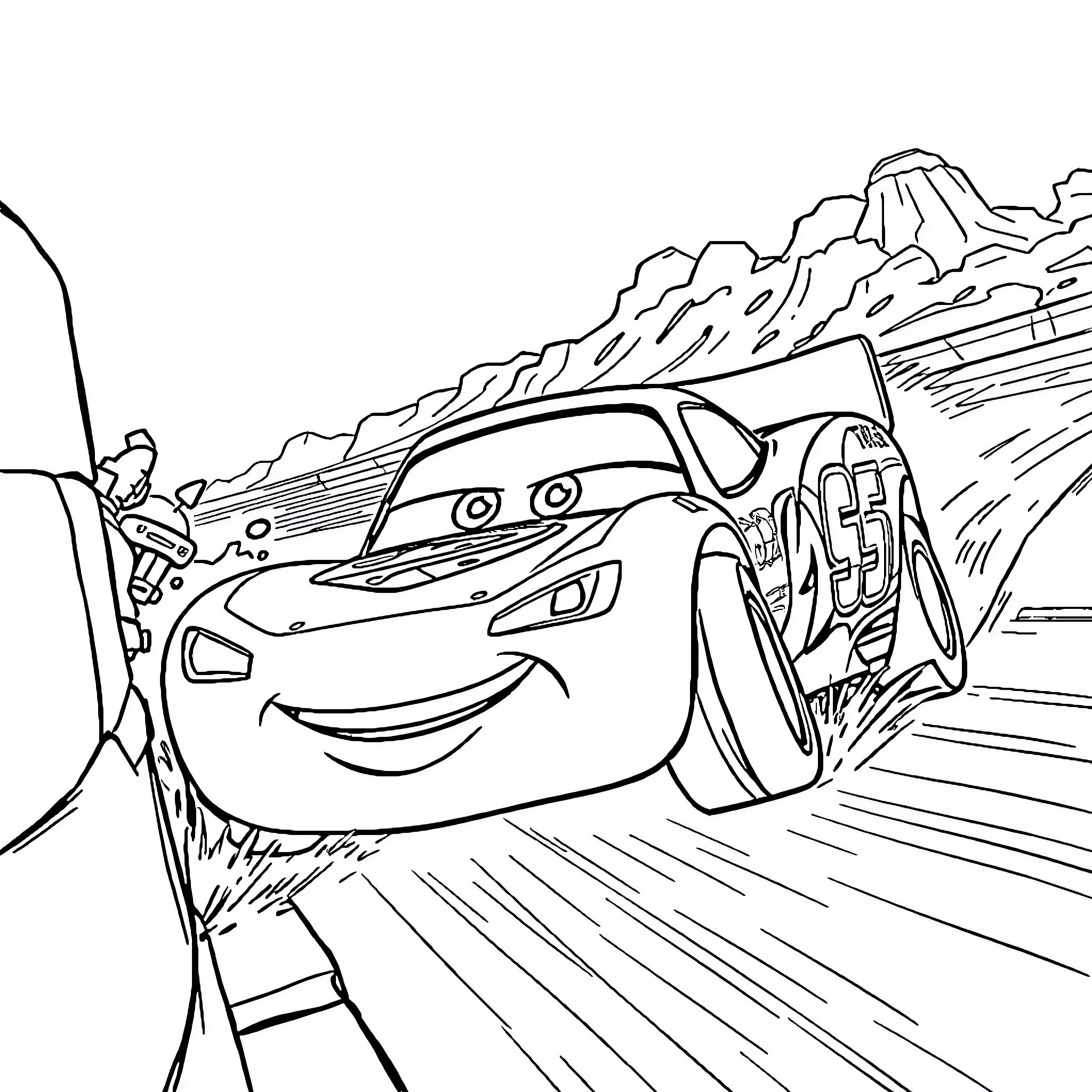 Lightning McQueen racing through the mountains Coloring Page (free black-and-white line drawing printable PDF for all, from beginners to advanced learners, including children, teens, adults, and seniors)