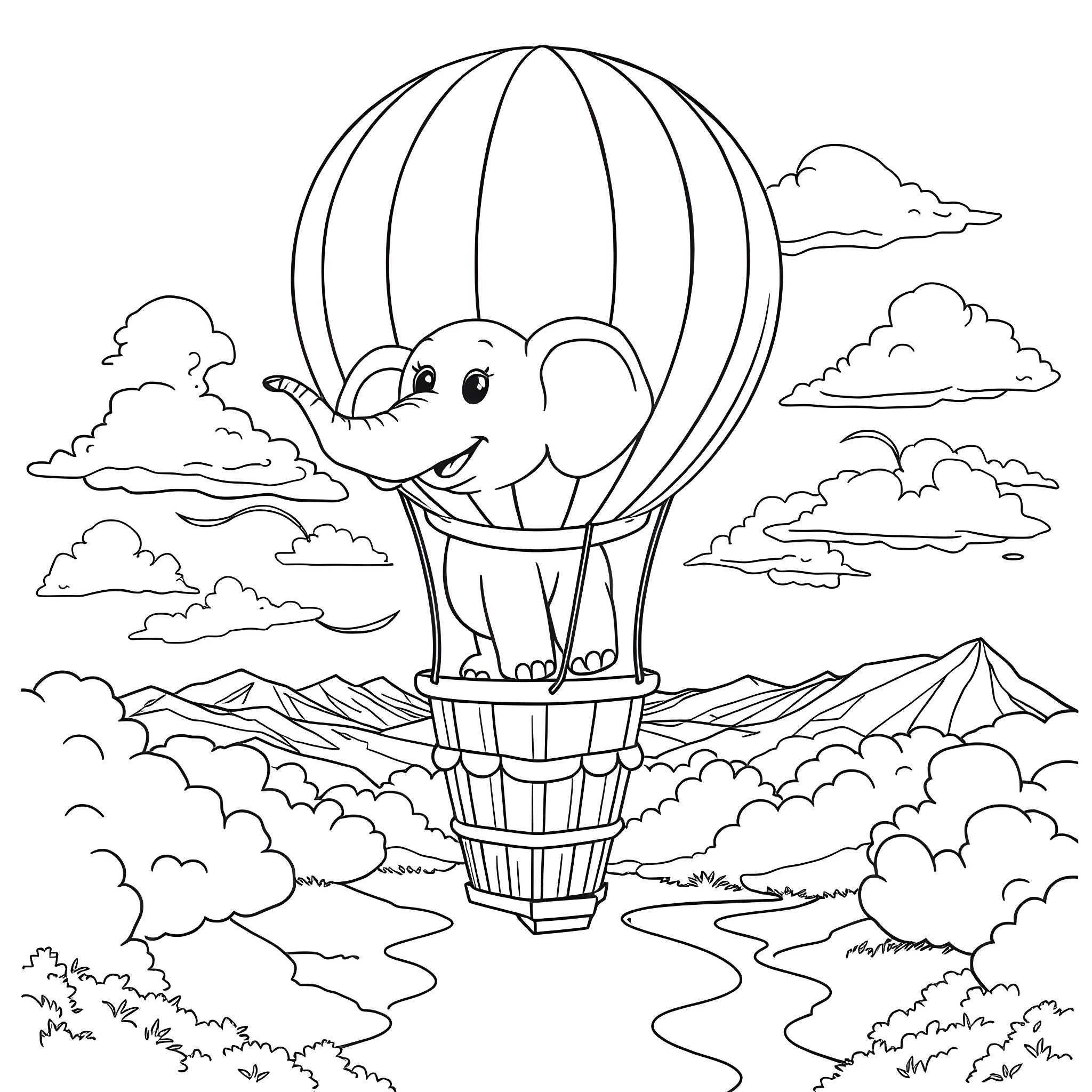 Elephant soaring in a hot air balloon over scenic landscape Coloring Page (free black-and-white line drawing printable PDF for all, from beginners to advanced learners, including children, teens, adults, and seniors)