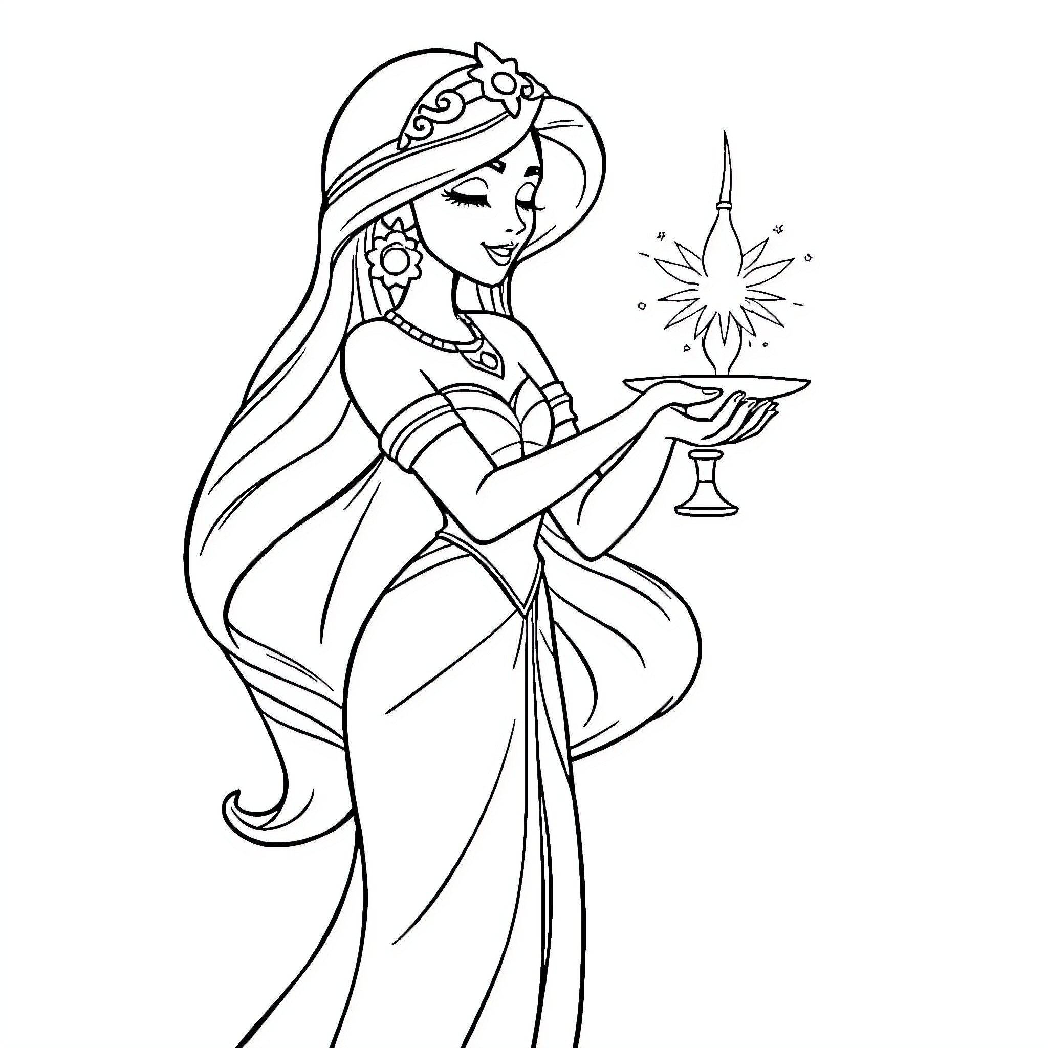 Princess Jasmine holding a magical lamp Coloring Page (free black-and-white line drawing printable PDF for all, from beginners to advanced learners, including children, teens, adults, and seniors)