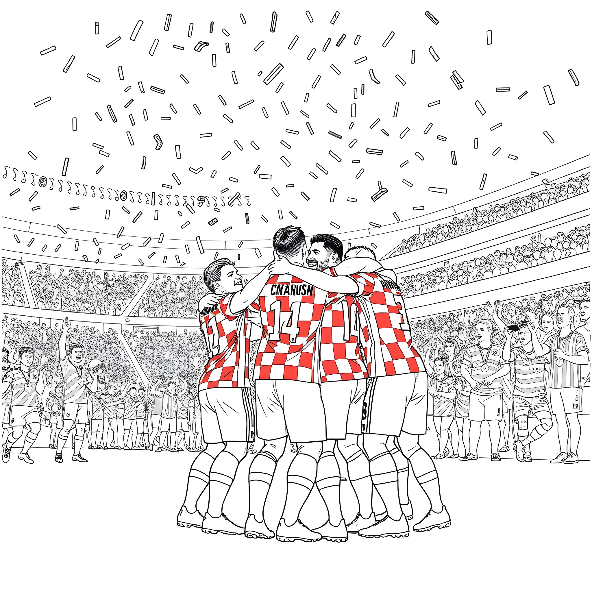 Croatia soccer team celebrating in stadium Coloring Page (free black-and-white line drawing printable PDF for all, from beginners to advanced learners, including children, teens, adults, and seniors)