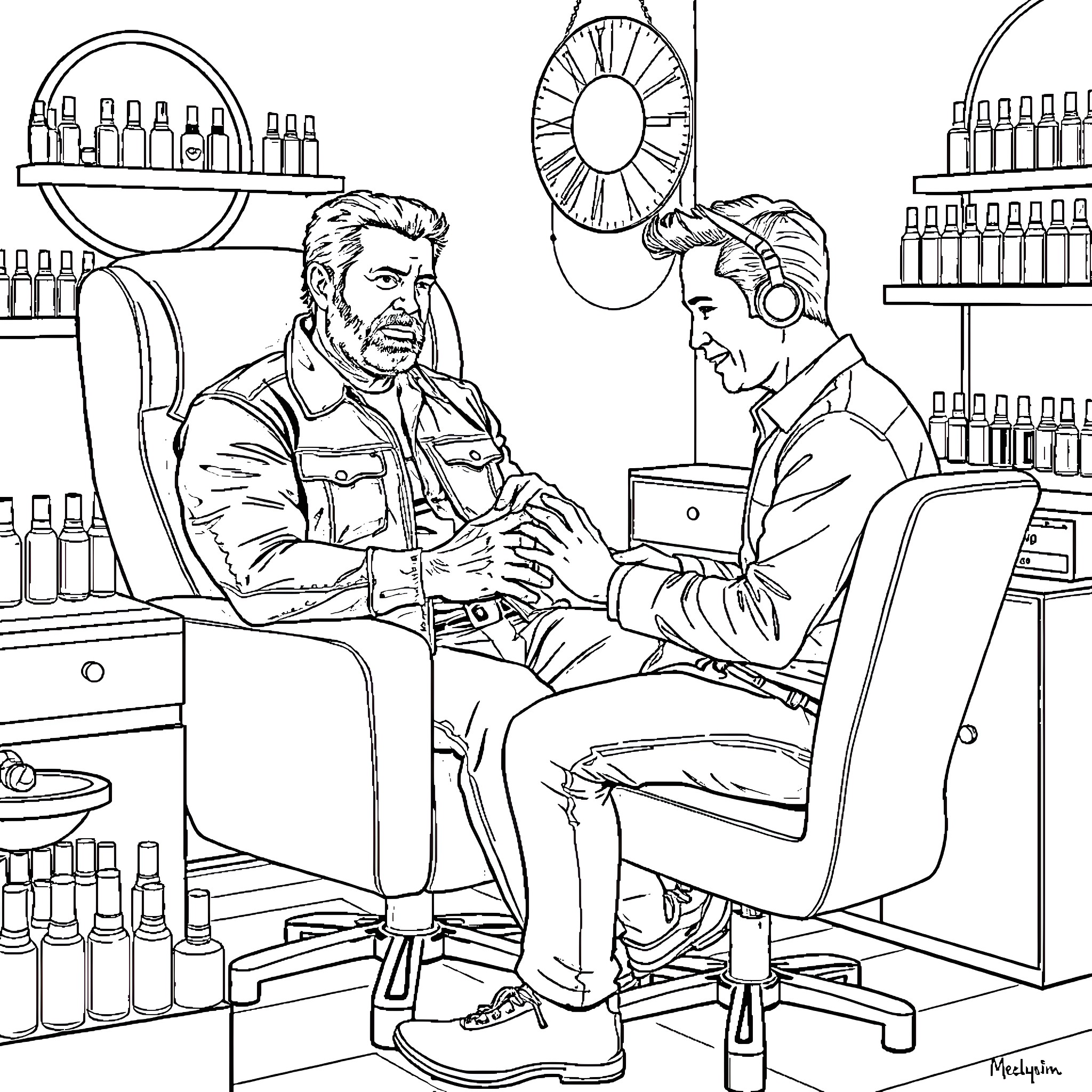 Chuck Norris' Lively Chat with Friend at the Barbershop Coloring Page (free black-and-white line drawing printable PDF for all, from beginners to advanced learners, including children, teens, adults, and seniors)
