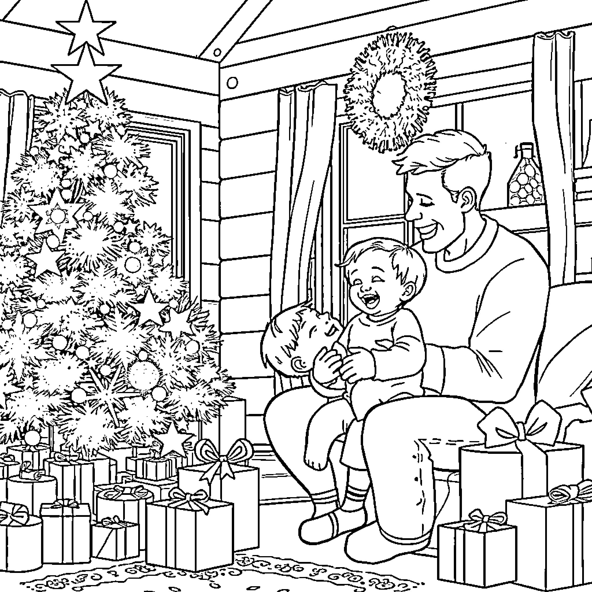 Family Celebrating Christmas Together Coloring Page (free black-and-white line drawing printable PDF for all, from beginners to advanced learners, including children, teens, adults, and seniors)