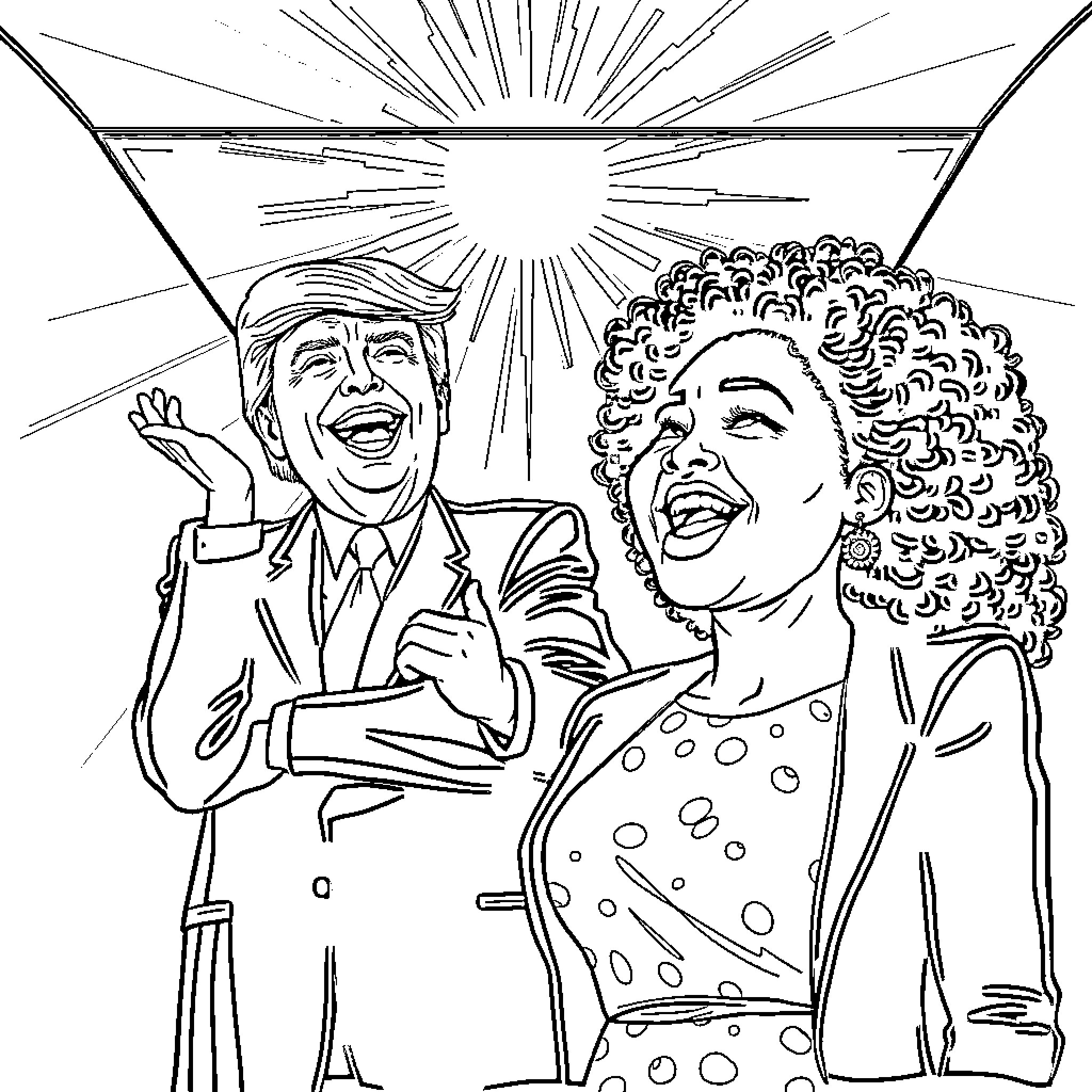 Trump and woman sharing a celebratory moment Coloring Page (free black-and-white line drawing printable PDF for all, from beginners to advanced learners, including children, teens, adults, and seniors)