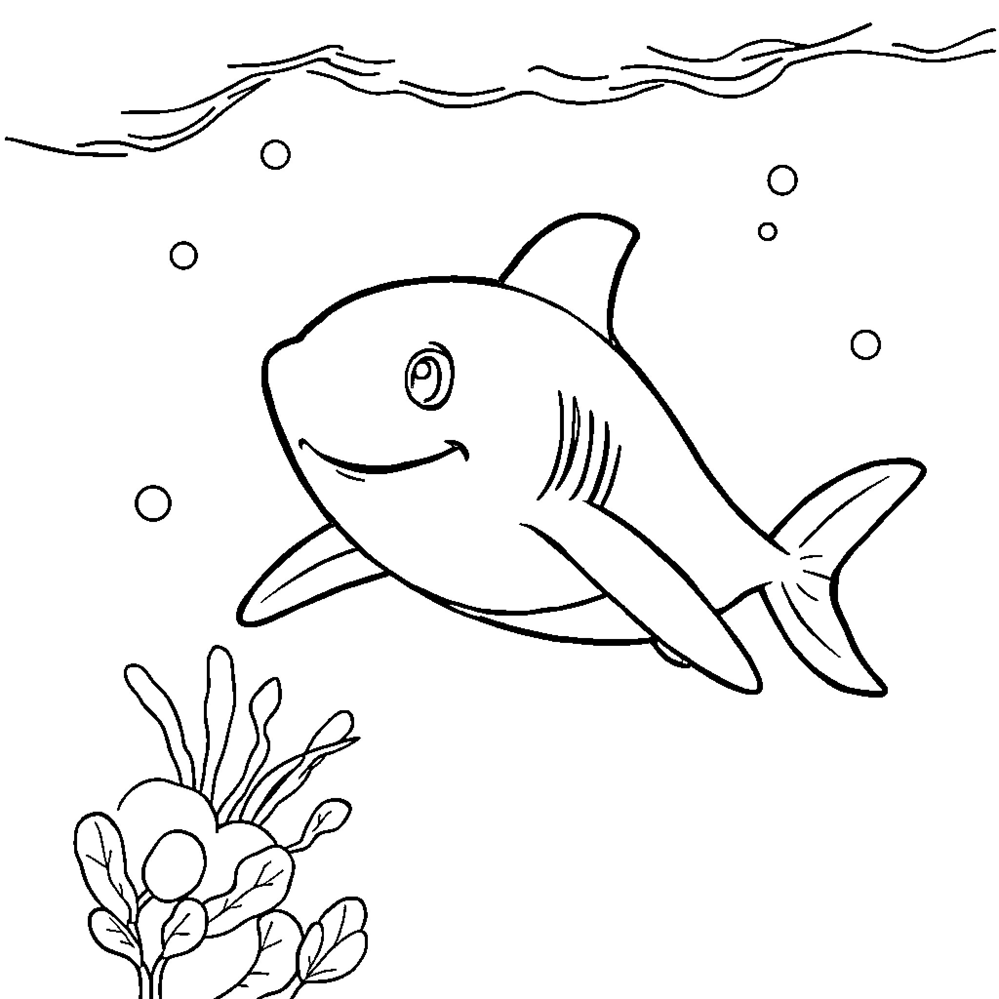 Baby Shark swimming happily in the ocean Coloring Page (free black-and-white line drawing printable PDF for all, from beginners to advanced learners, including children, teens, adults, and seniors)