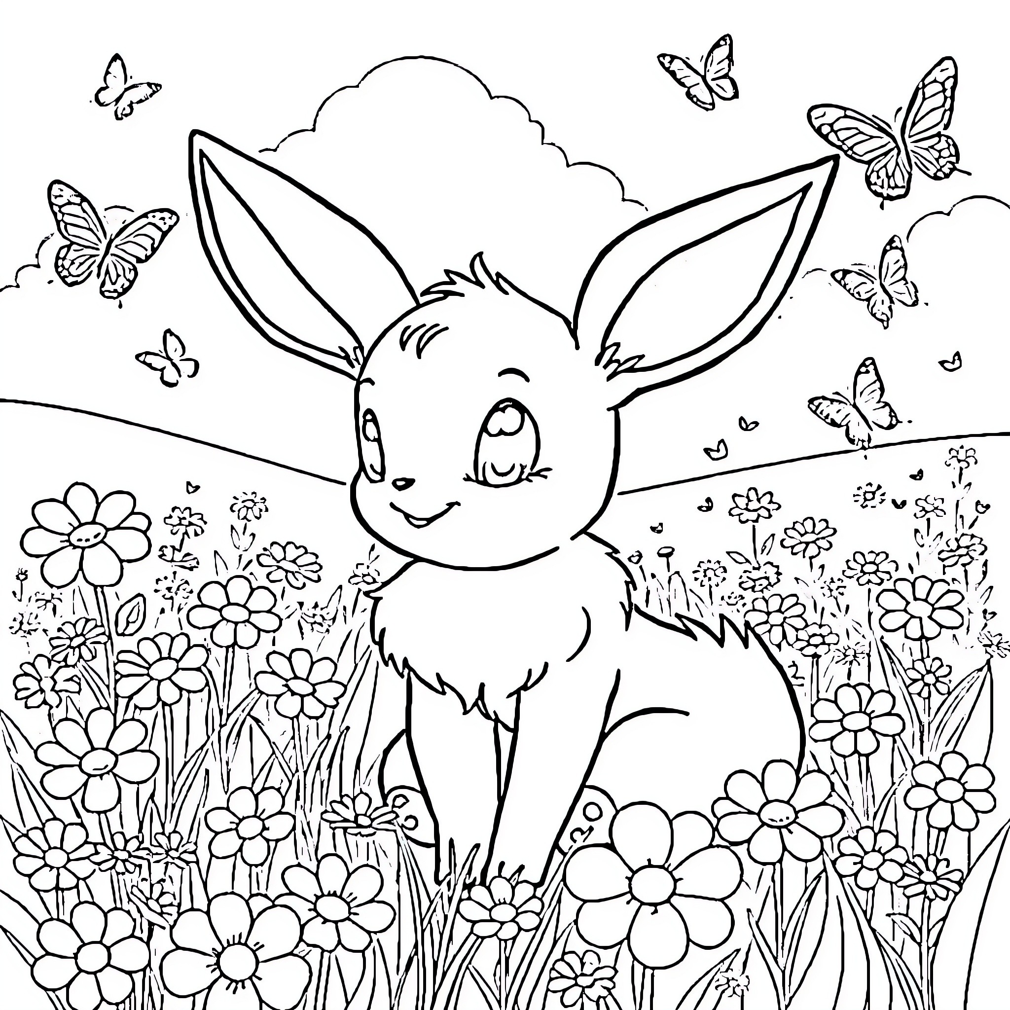 Eevee enjoying a floral garden with butterflies Coloring Page (free black-and-white line drawing printable PDF for all, from beginners to advanced learners, including children, teens, adults, and seniors)