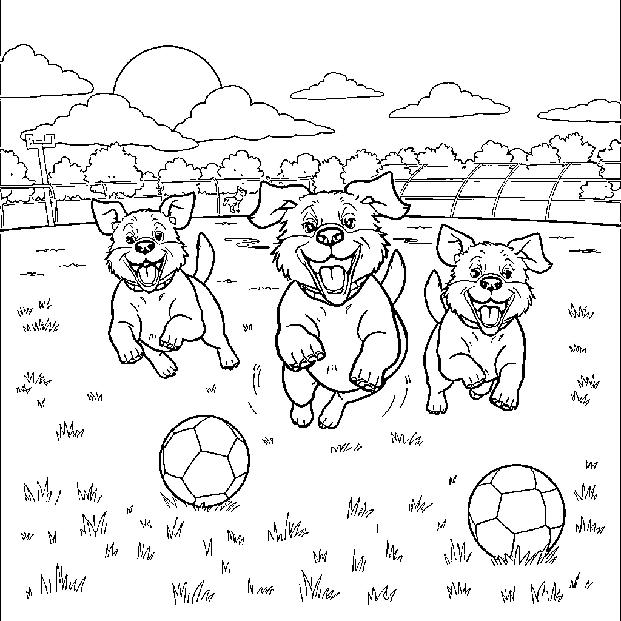 Dogs playing happily with soccer balls in the park Coloring Page (free black-and-white line drawing printable PDF for all, from beginners to advanced learners, including children, teens, adults, and seniors)