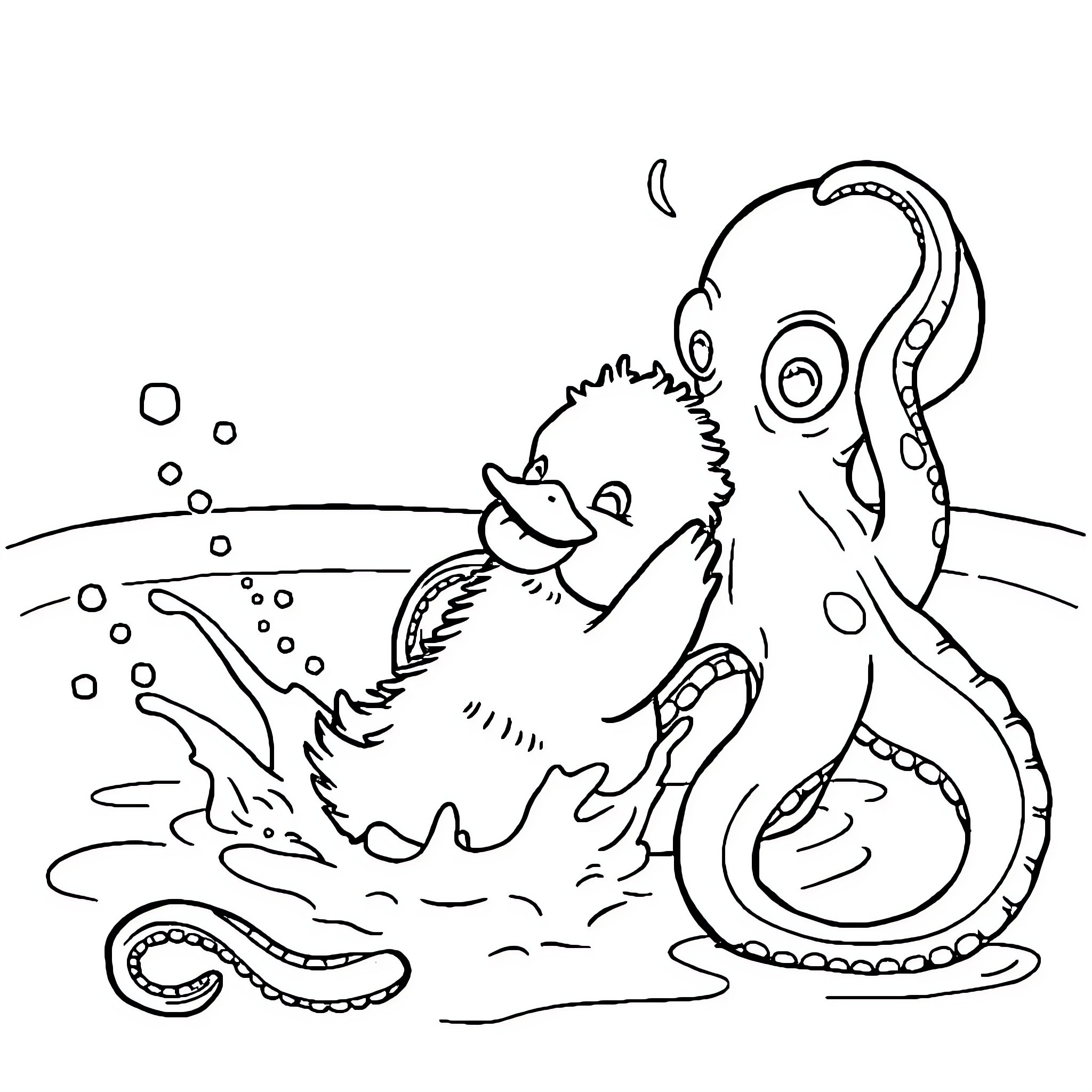 Duck playing with octopus in the water Coloring Page (free black-and-white line drawing printable PDF for all, from beginners to advanced learners, including children, teens, adults, and seniors)