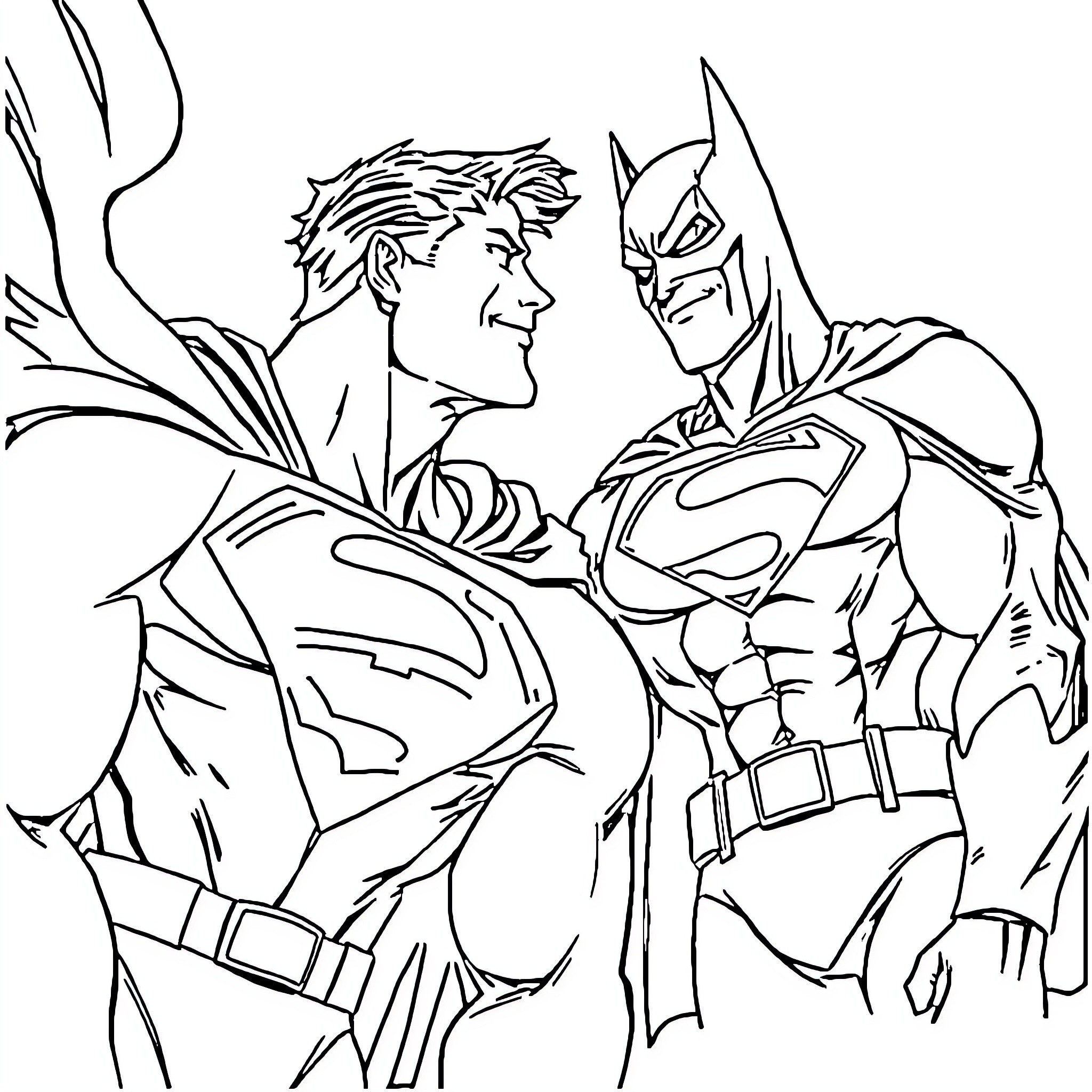 Superman and Batman in action poses Coloring Page (free black-and-white line drawing printable PDF for all, from beginners to advanced learners, including children, teens, adults, and seniors)