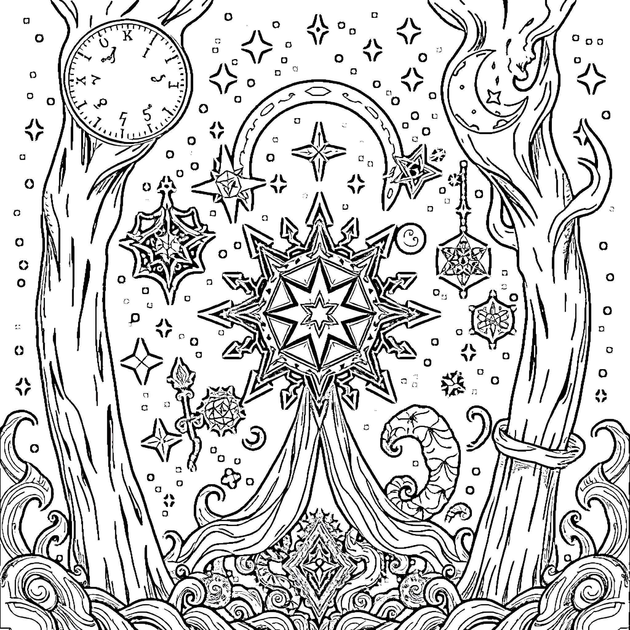 Arcane Celestial Exploration Coloring Page (free black-and-white line drawing printable PDF for all, from beginners to advanced learners, including children, teens, adults, and seniors)