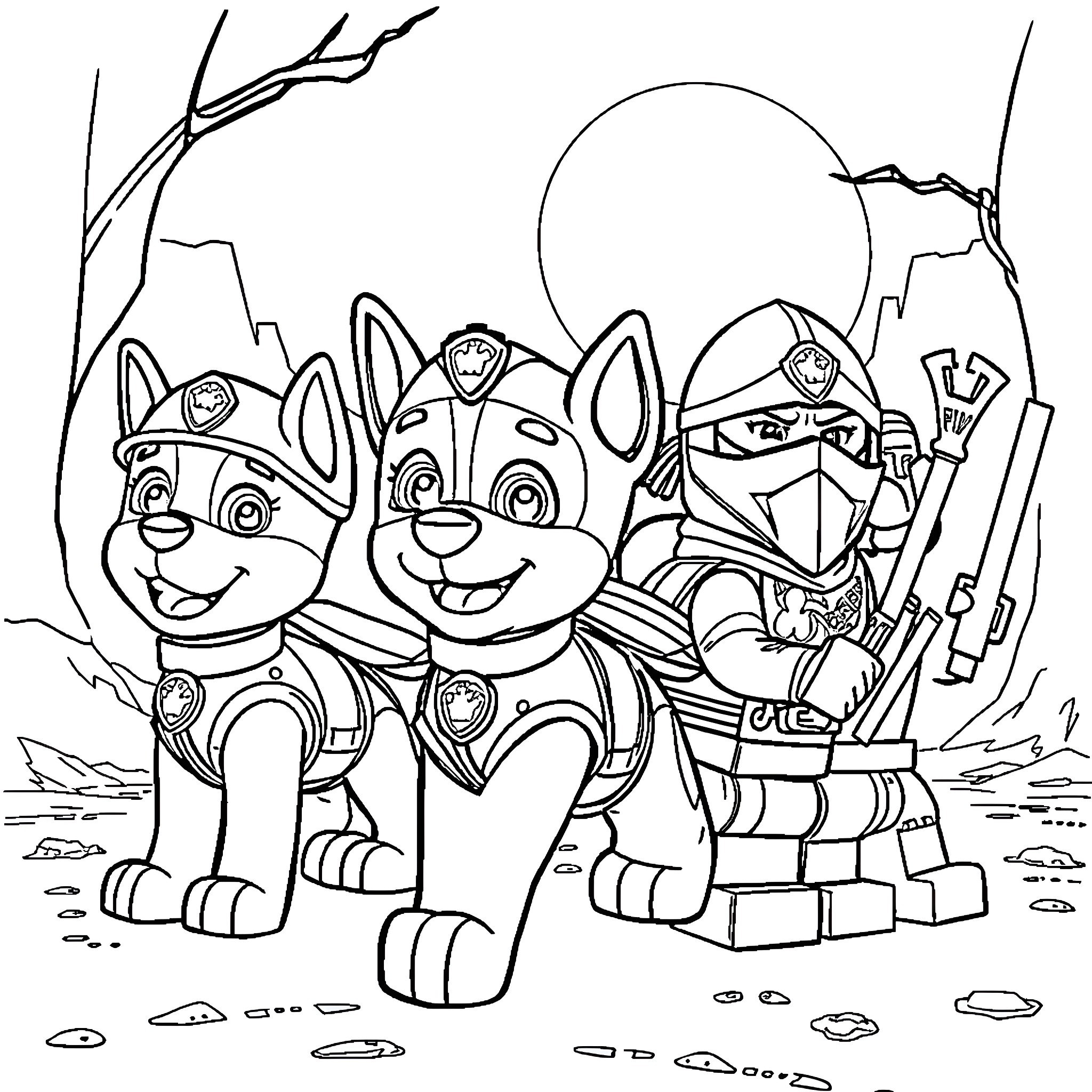 Paw Patrol team in action adventure gear Coloring Page (free black-and-white line drawing printable PDF for all, from beginners to advanced learners, including children, teens, adults, and seniors)