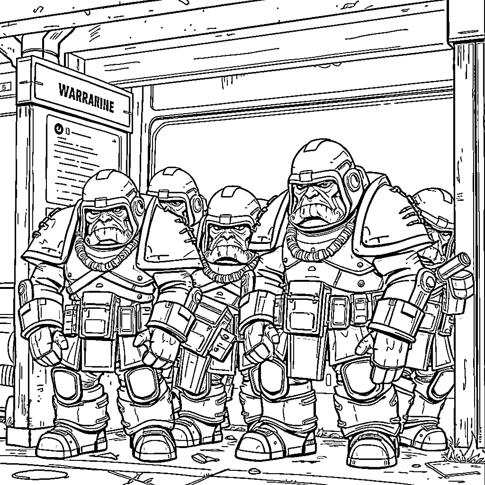 Ork soldiers standing at the ready in armored uniforms Coloring Page (free black-and-white line drawing printable PDF for all, from beginners to advanced learners, including children, teens, adults, and seniors)