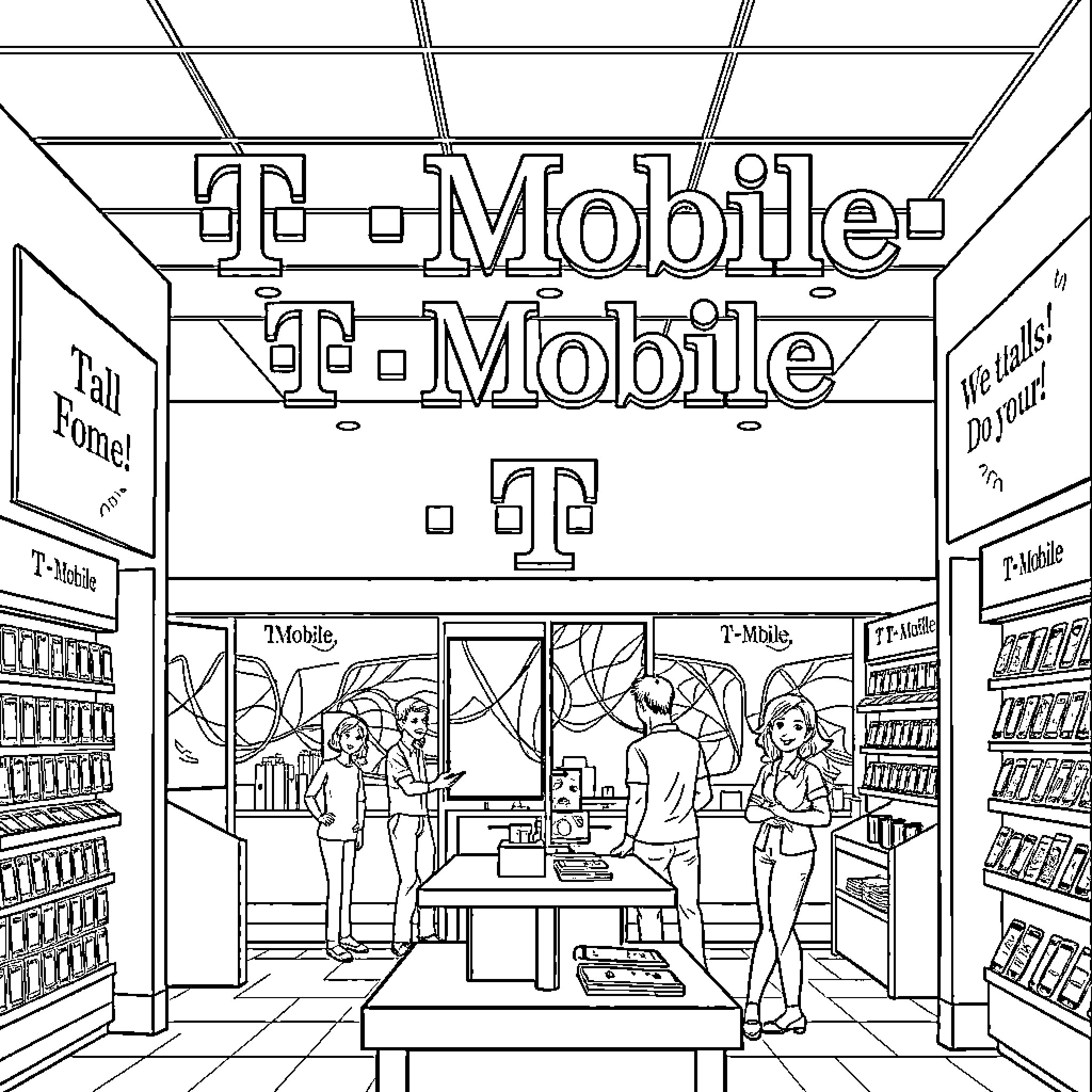 T Mobile Store Customers Browsing and Shopping Coloring Page (free black-and-white line drawing printable PDF for all, from beginners to advanced learners, including children, teens, adults, and seniors)