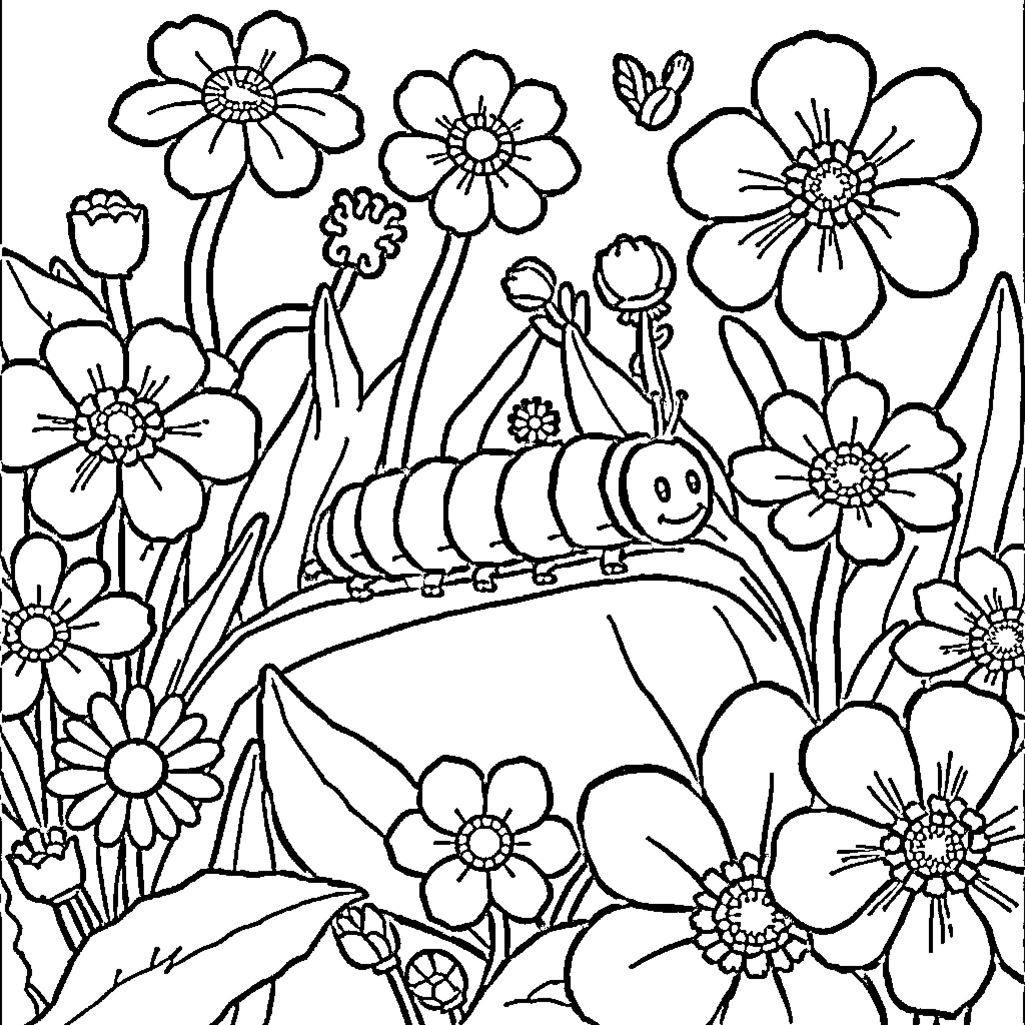 Caterpillar exploring a garden of blooming flowers Coloring Page (free black-and-white line drawing printable PDF for all, from beginners to advanced learners, including children, teens, adults, and seniors)