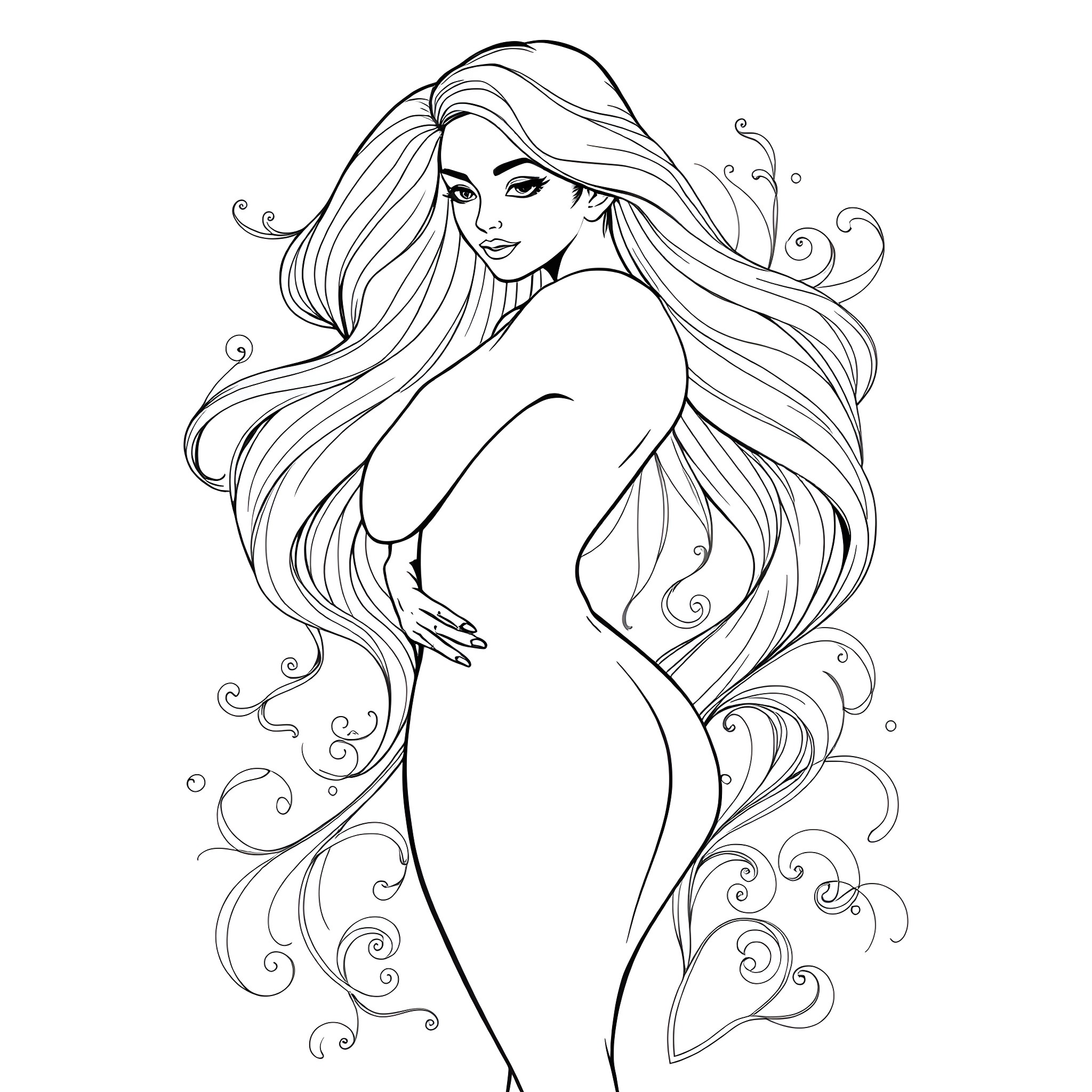 Girl with flowing hair and elegant pose Coloring Page (free black-and-white line drawing printable PDF for all, from beginners to advanced learners, including children, teens, adults, and seniors)