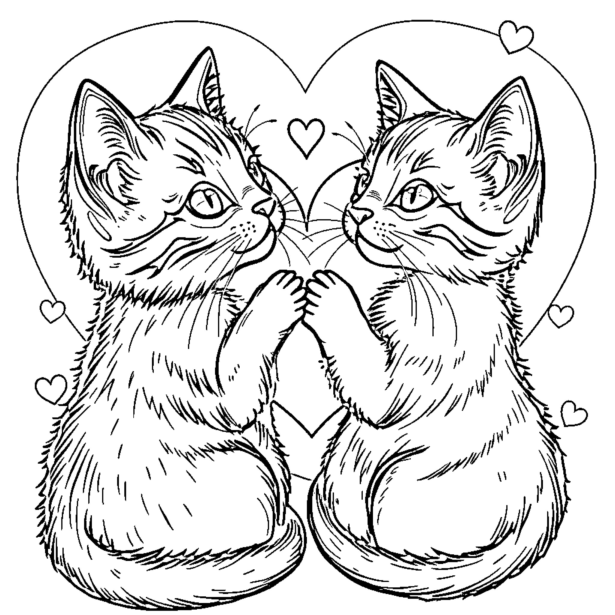 Cat Couple Sharing Love in Heart Frame Coloring Page (free black-and-white line drawing printable PDF for all, from beginners to advanced learners, including children, teens, adults, and seniors)