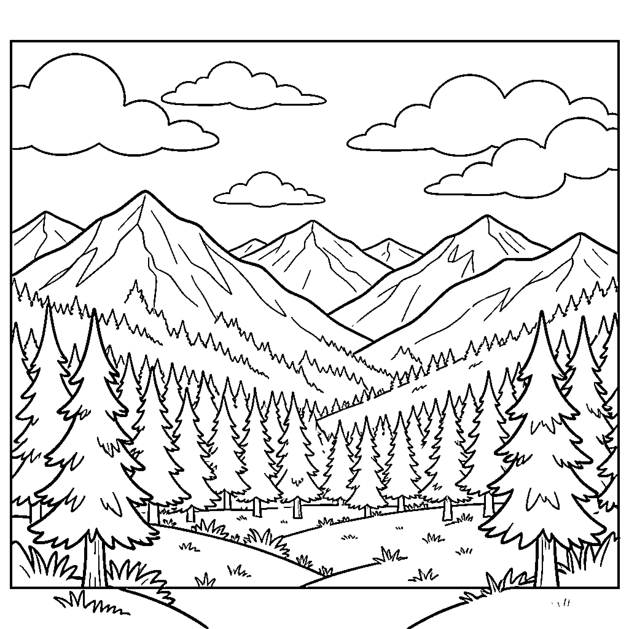 Mountain landscape with forest and cloudy sky Coloring Page (free black-and-white line drawing printable PDF for all, from beginners to advanced learners, including children, teens, adults, and seniors)