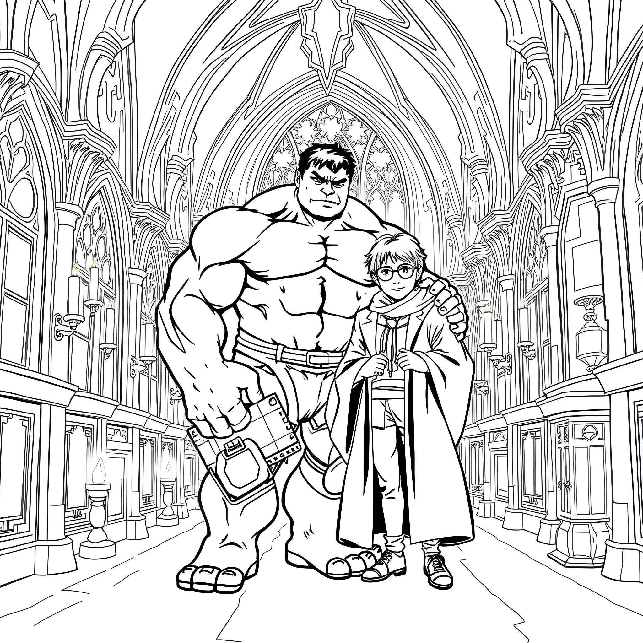 Hulk and young companion explore grand cathedral Coloring Page (free black-and-white line drawing printable PDF for all, from beginners to advanced learners, including children, teens, adults, and seniors)