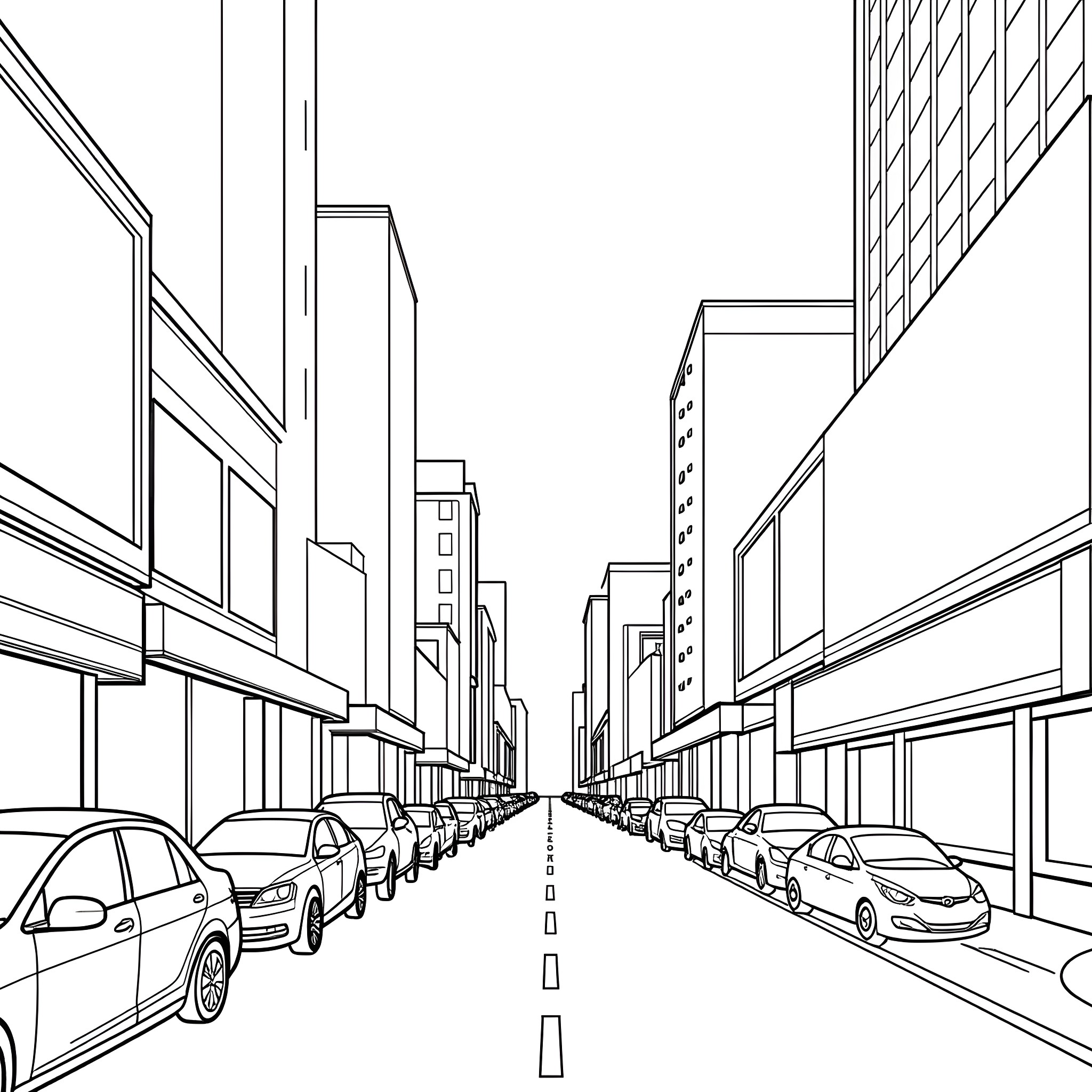 City street with cars and buildings Coloring Page (free black-and-white line drawing printable PDF for all, from beginners to advanced learners, including children, teens, adults, and seniors)