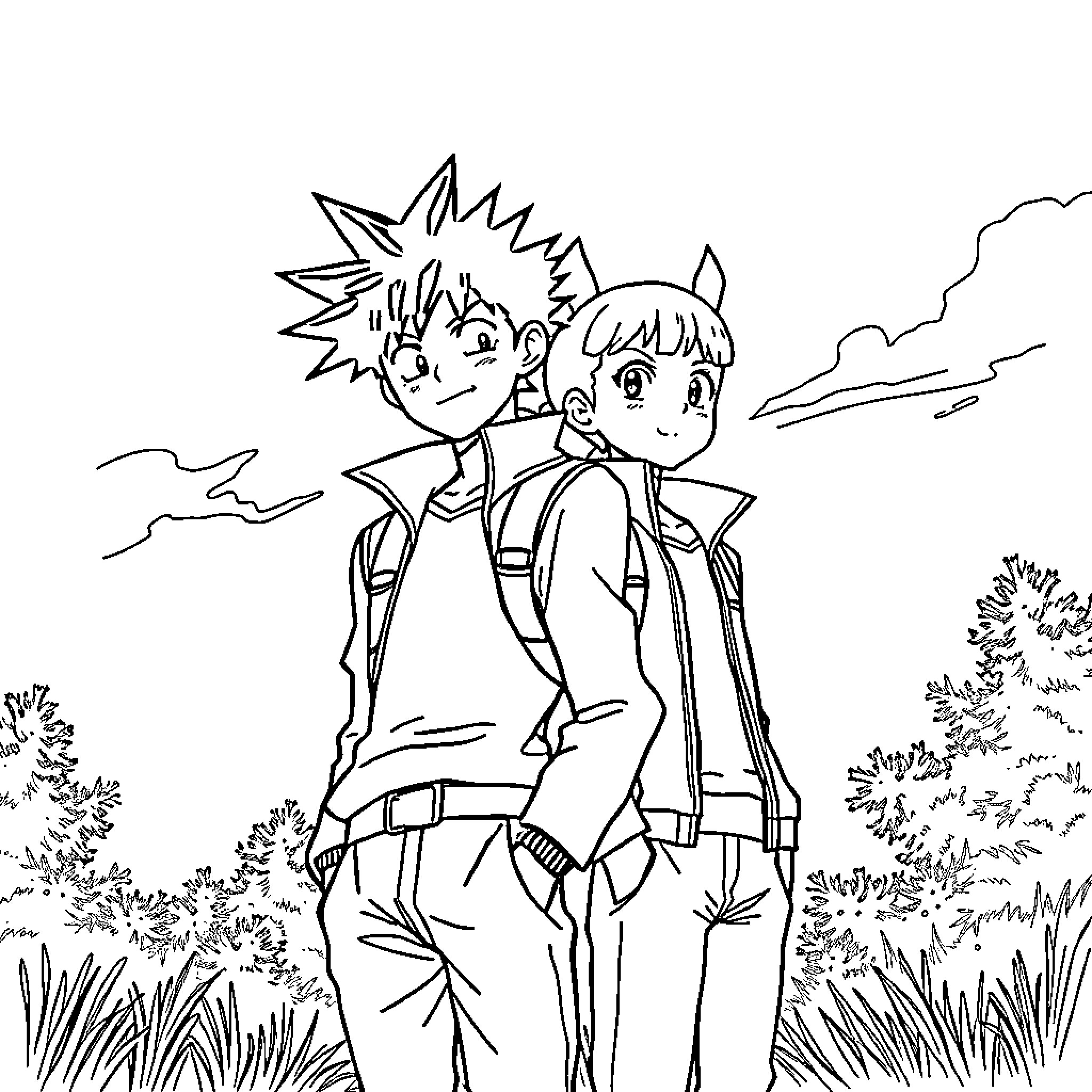 Yusuke Urameshi and Kazuma Kuwabara exploring the outdoors Coloring Page (free black-and-white line drawing printable PDF for all, from beginners to advanced learners, including children, teens, adults, and seniors)