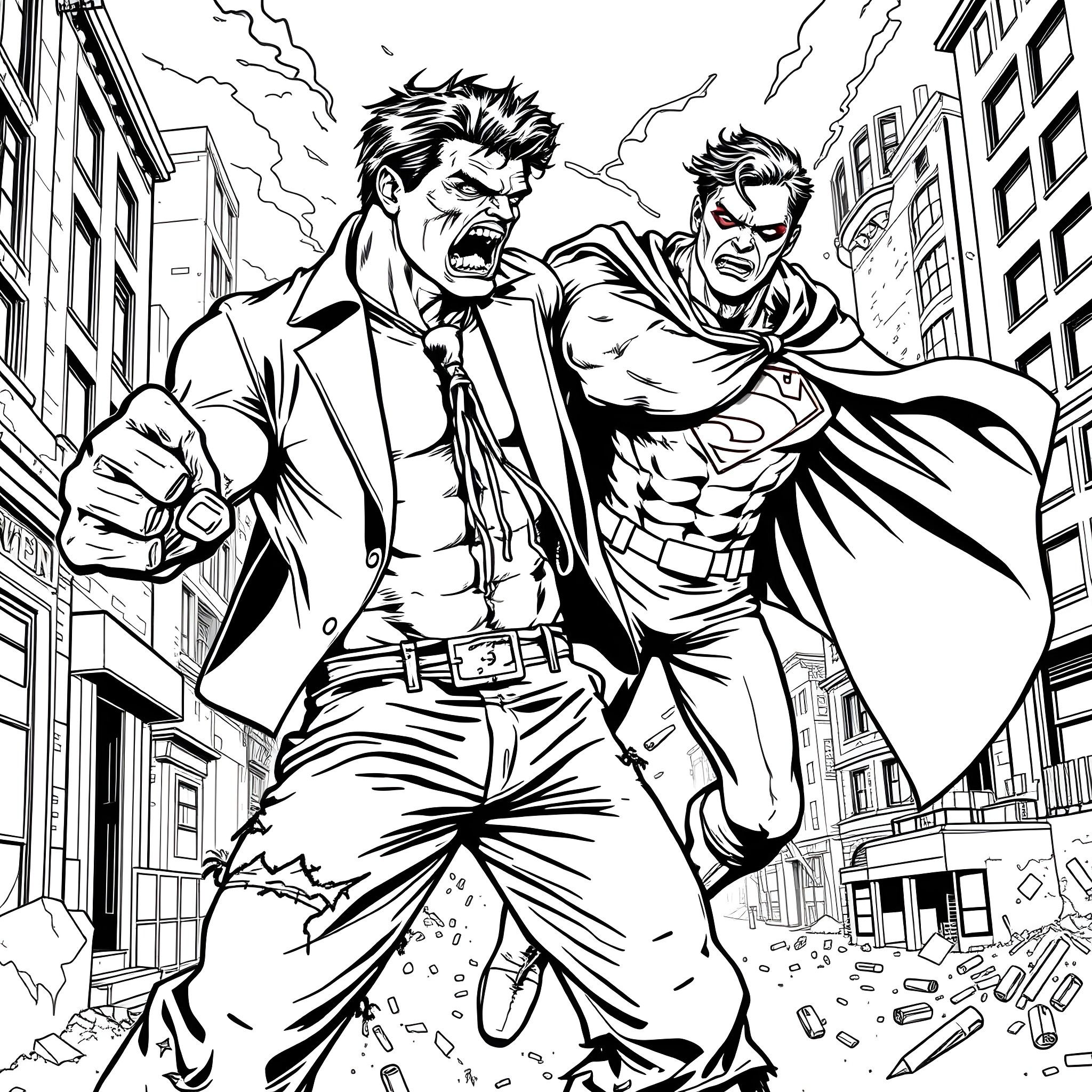 Zombie Hulk heroes battling in the city Coloring Page (free black-and-white line drawing printable PDF for all, from beginners to advanced learners, including children, teens, adults, and seniors)