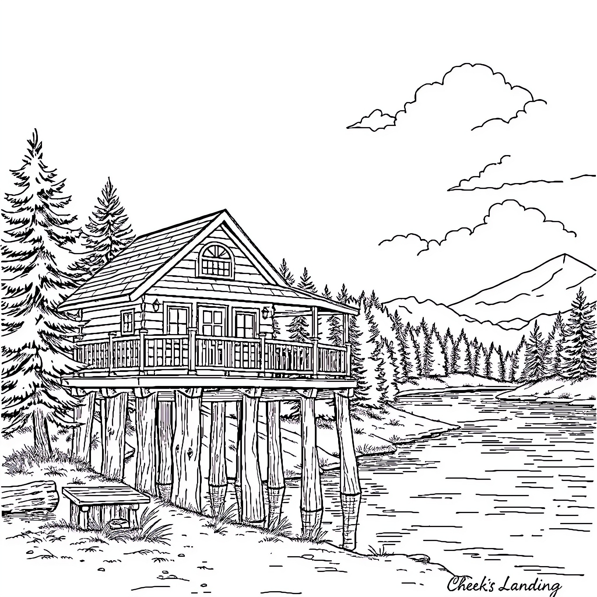 Cabin in a Scenic Lakeside Landscape Coloring Page (free black-and-white line drawing printable PDF for all, from beginners to advanced learners, including children, teens, adults, and seniors)