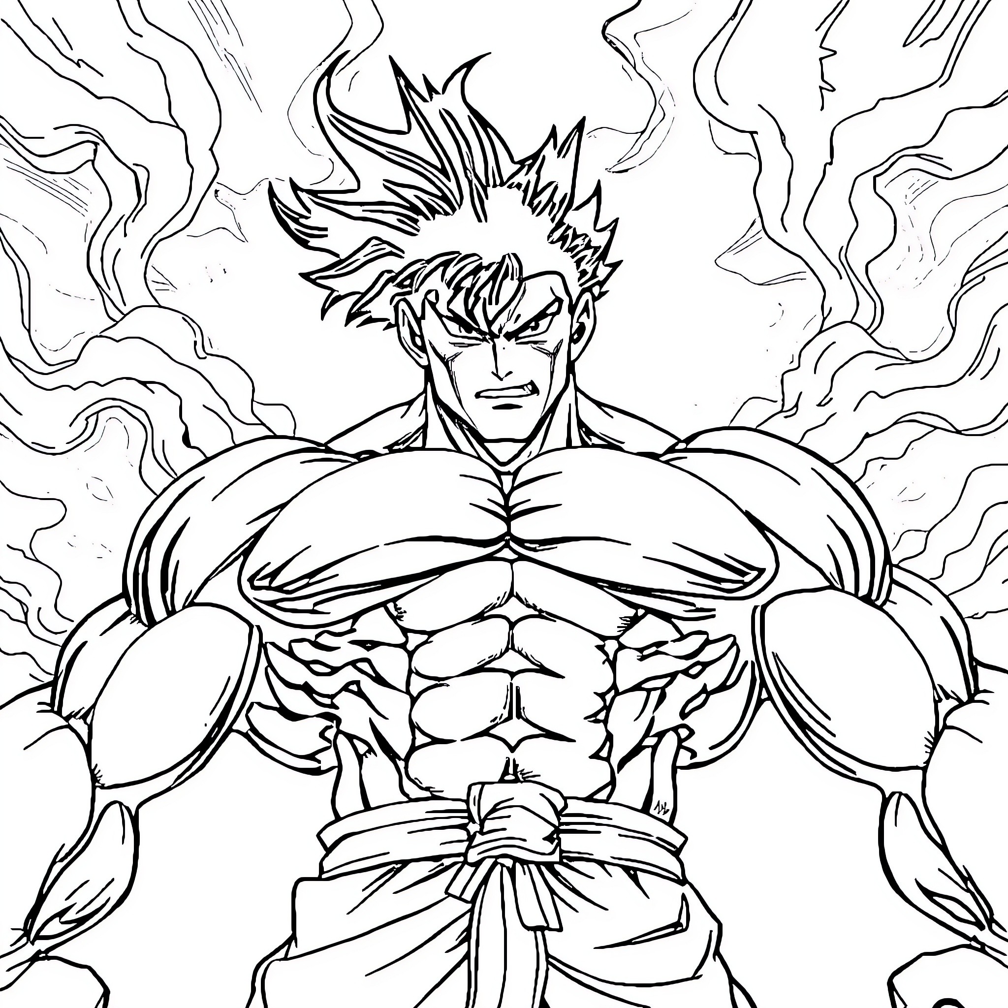 Yujiro Hanma's Powerful Presence Coloring Page (free black-and-white line drawing printable PDF for all, from beginners to advanced learners, including children, teens, adults, and seniors)
