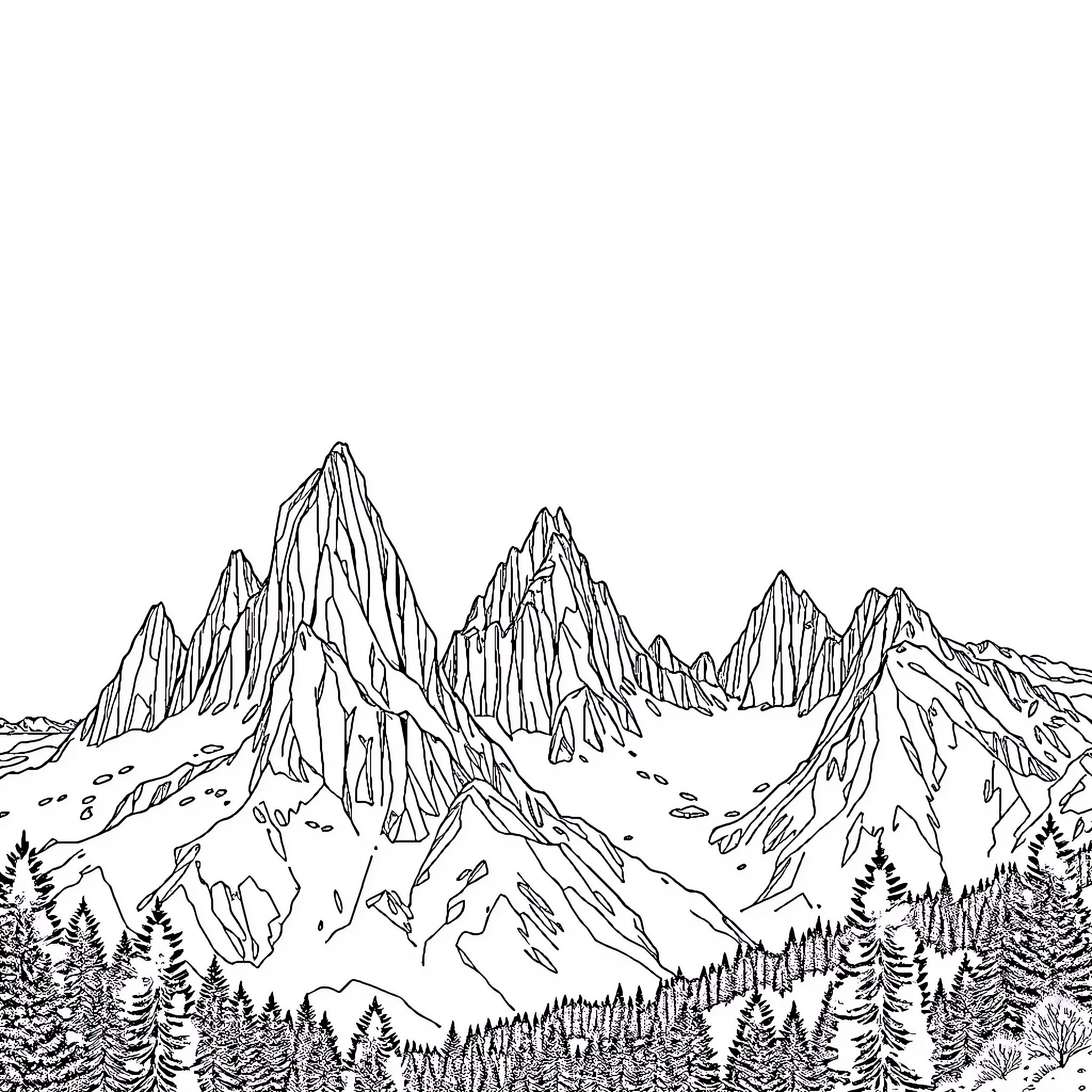 Mountain Landscape with Rugged Peaks and Forested Valleys Coloring Page (free black-and-white line drawing printable PDF for all, from beginners to advanced learners, including children, teens, adults, and seniors)