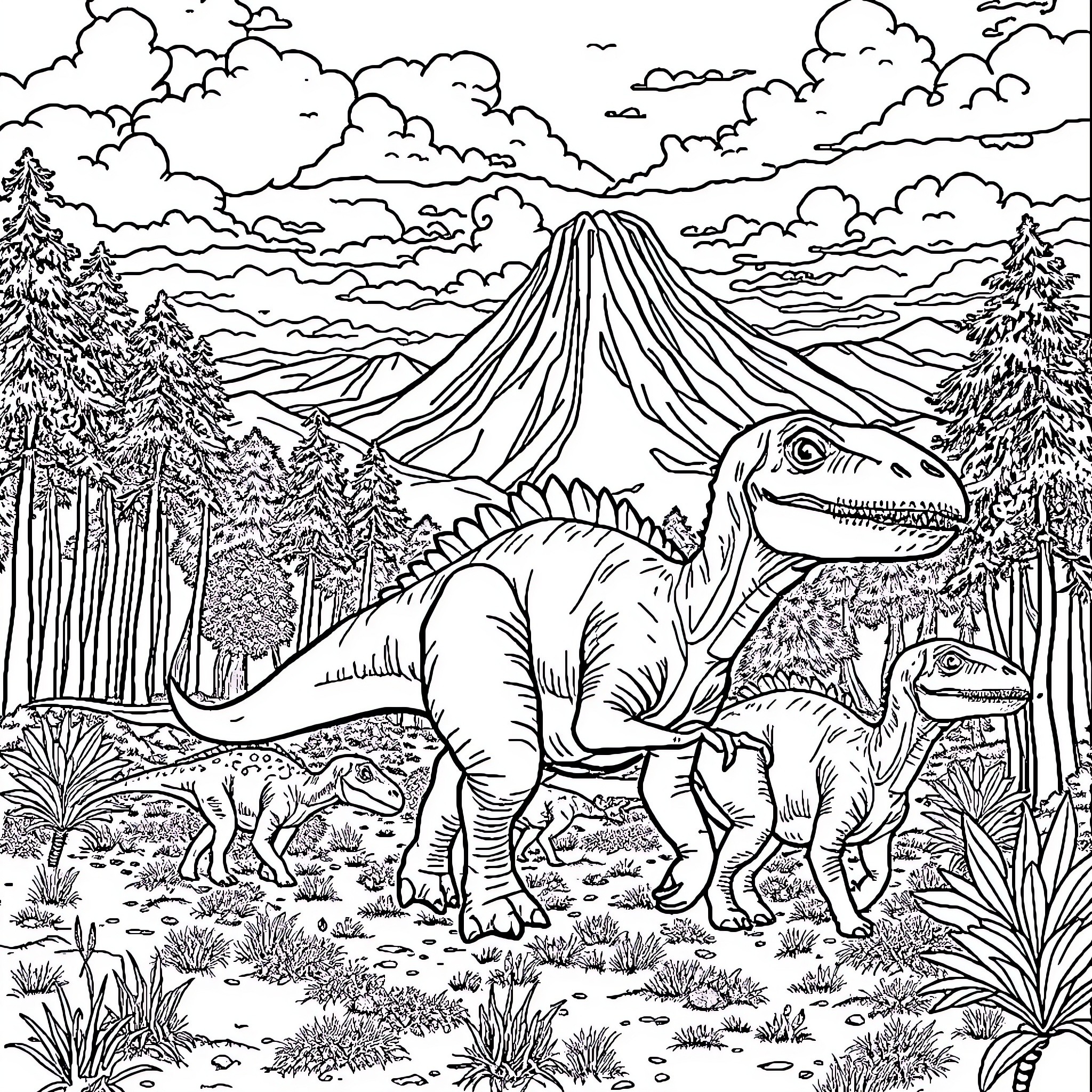 Dinosaur family exploring prehistoric landscape Coloring Page (free black-and-white line drawing printable PDF for all, from beginners to advanced learners, including children, teens, adults, and seniors)