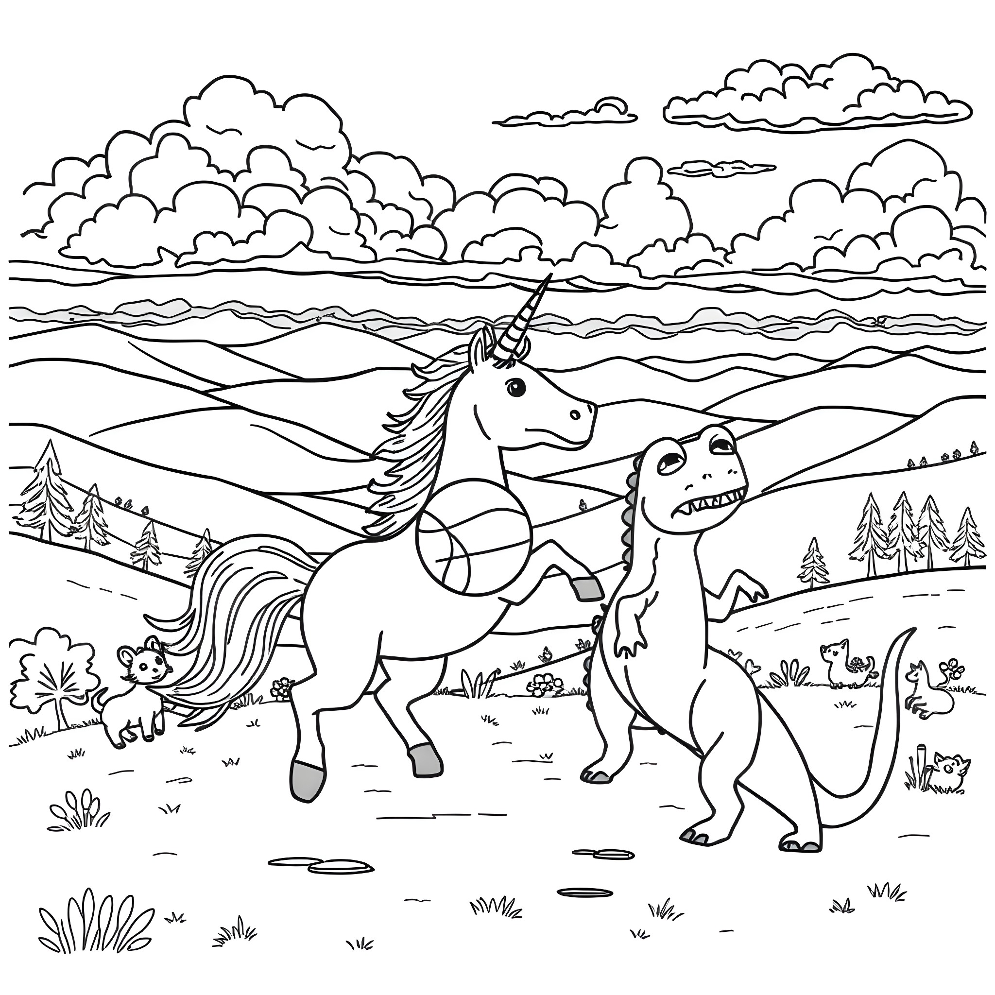 Unicorn playing with dog in magical landscape Coloring Page (free black-and-white line drawing printable PDF for all, from beginners to advanced learners, including children, teens, adults, and seniors)