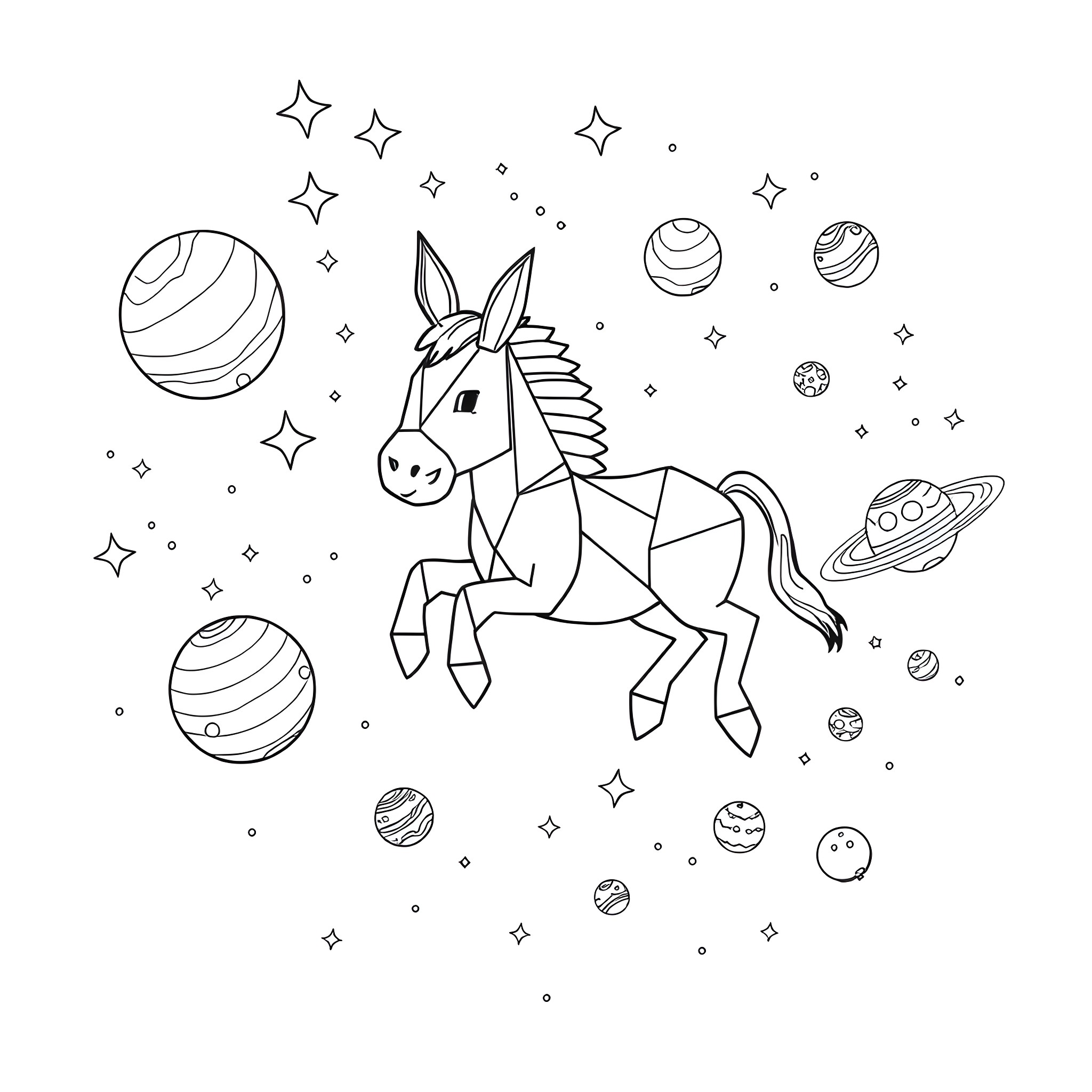 Donkey floating amidst celestial objects Coloring Page (free black-and-white line drawing printable PDF for all, from beginners to advanced learners, including children, teens, adults, and seniors)