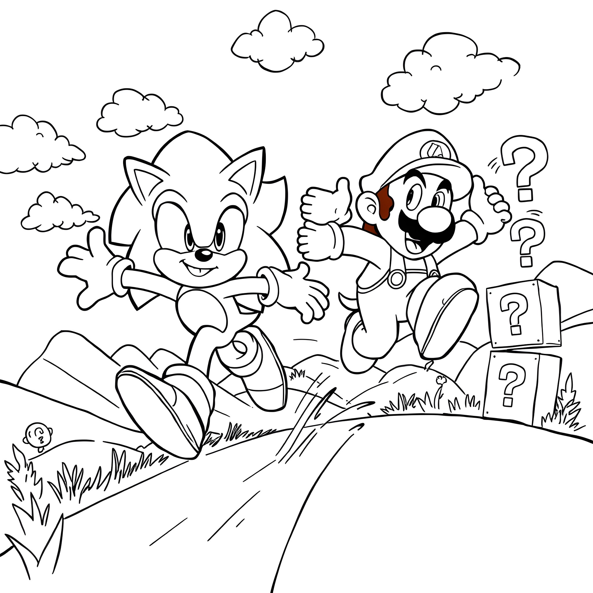 Sonic and Mario in an Adventurous Pursuit Coloring Page (free black-and-white line drawing printable PDF for all, from beginners to advanced learners, including children, teens, adults, and seniors)