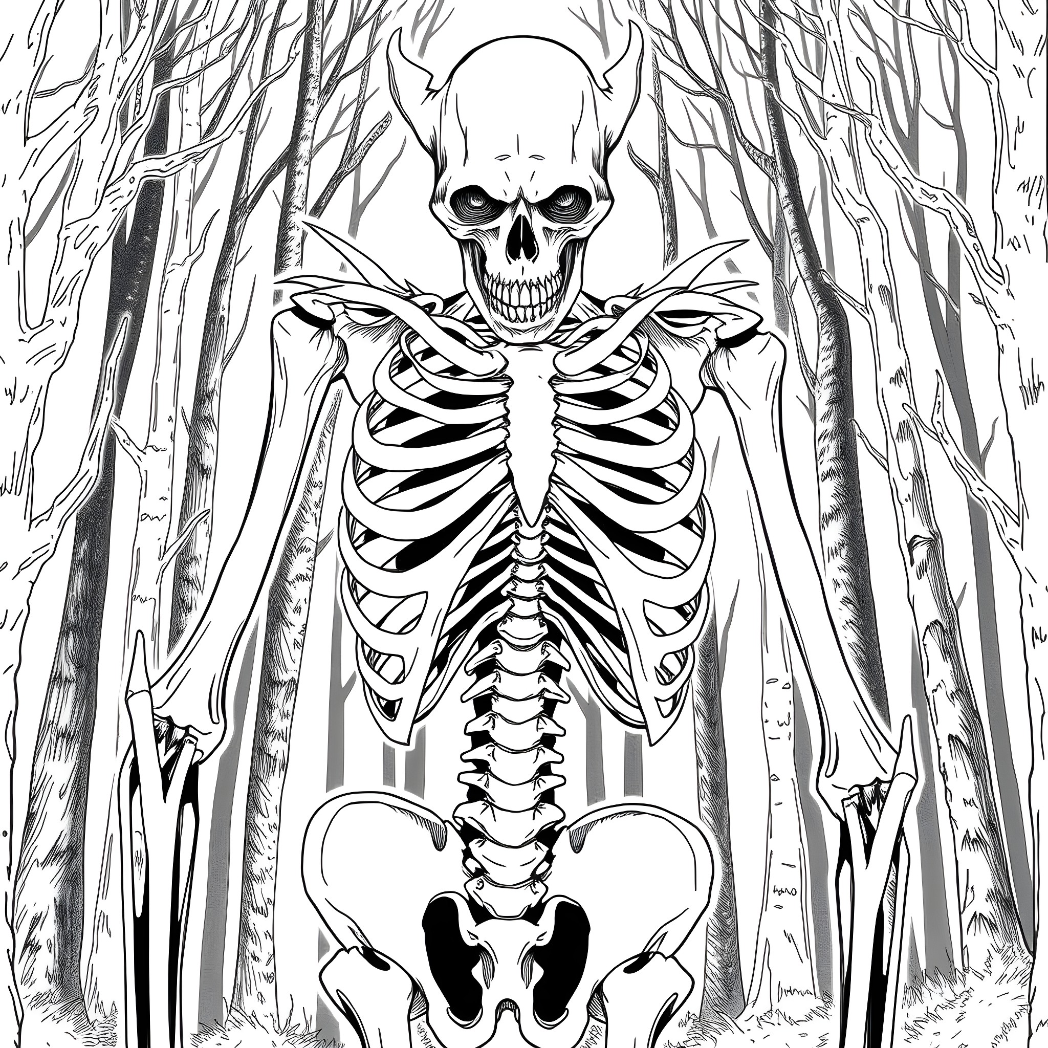 Wendigo skeleton stalking through the dark forest Coloring Page (free black-and-white line drawing printable PDF for all, from beginners to advanced learners, including children, teens, adults, and seniors)