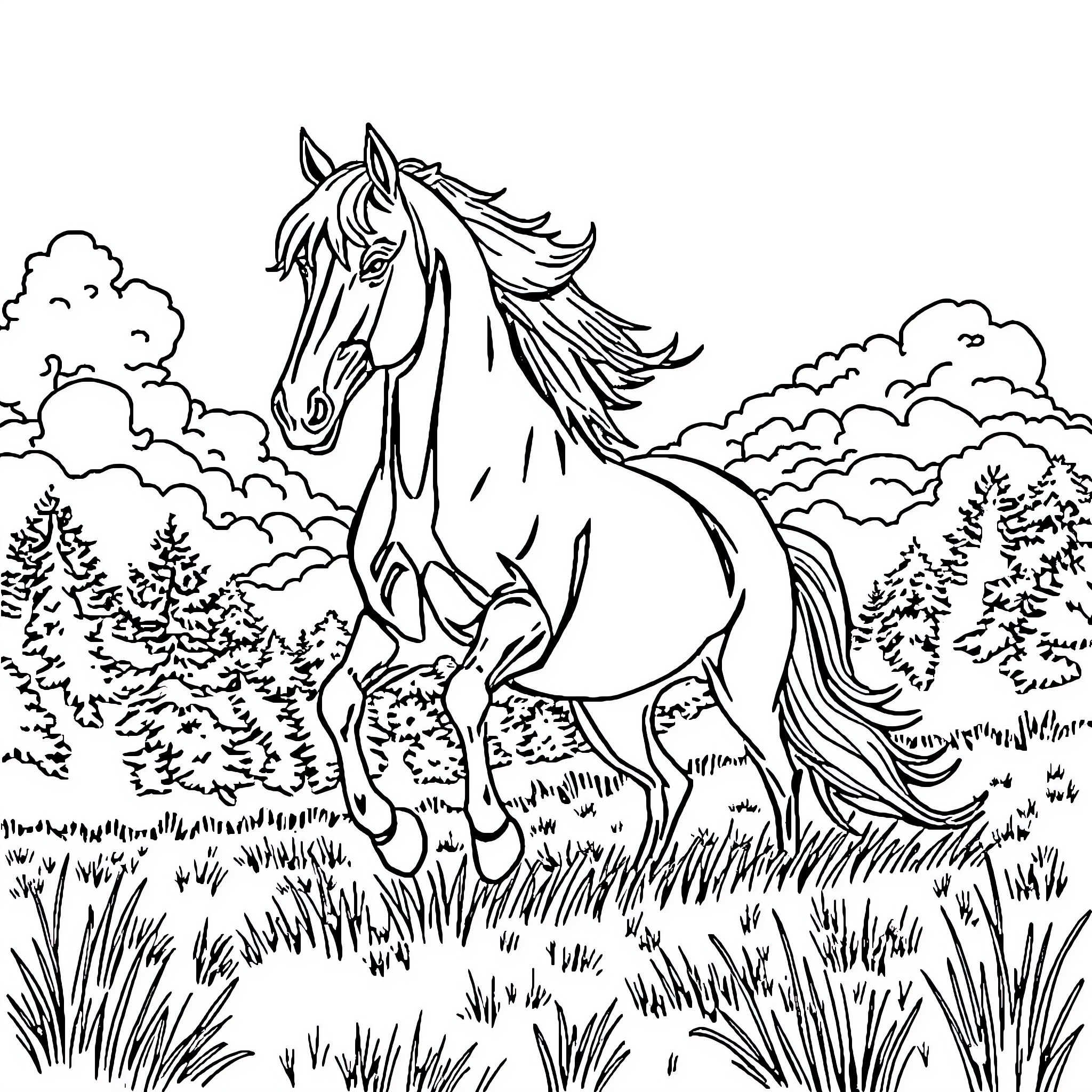 Horse galloping through a serene landscape Coloring Page (free black-and-white line drawing printable PDF for all, from beginners to advanced learners, including children, teens, adults, and seniors)