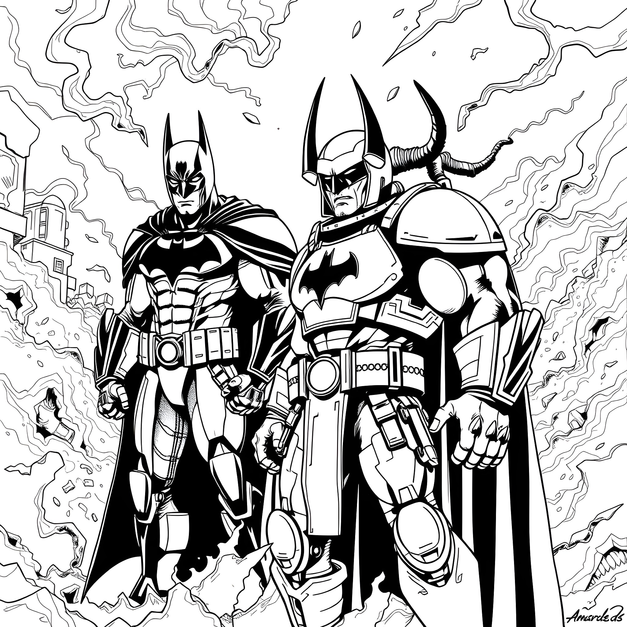 Batman and Villains in Epic Showdown Coloring Page (free black-and-white line drawing printable PDF for all, from beginners to advanced learners, including children, teens, adults, and seniors)