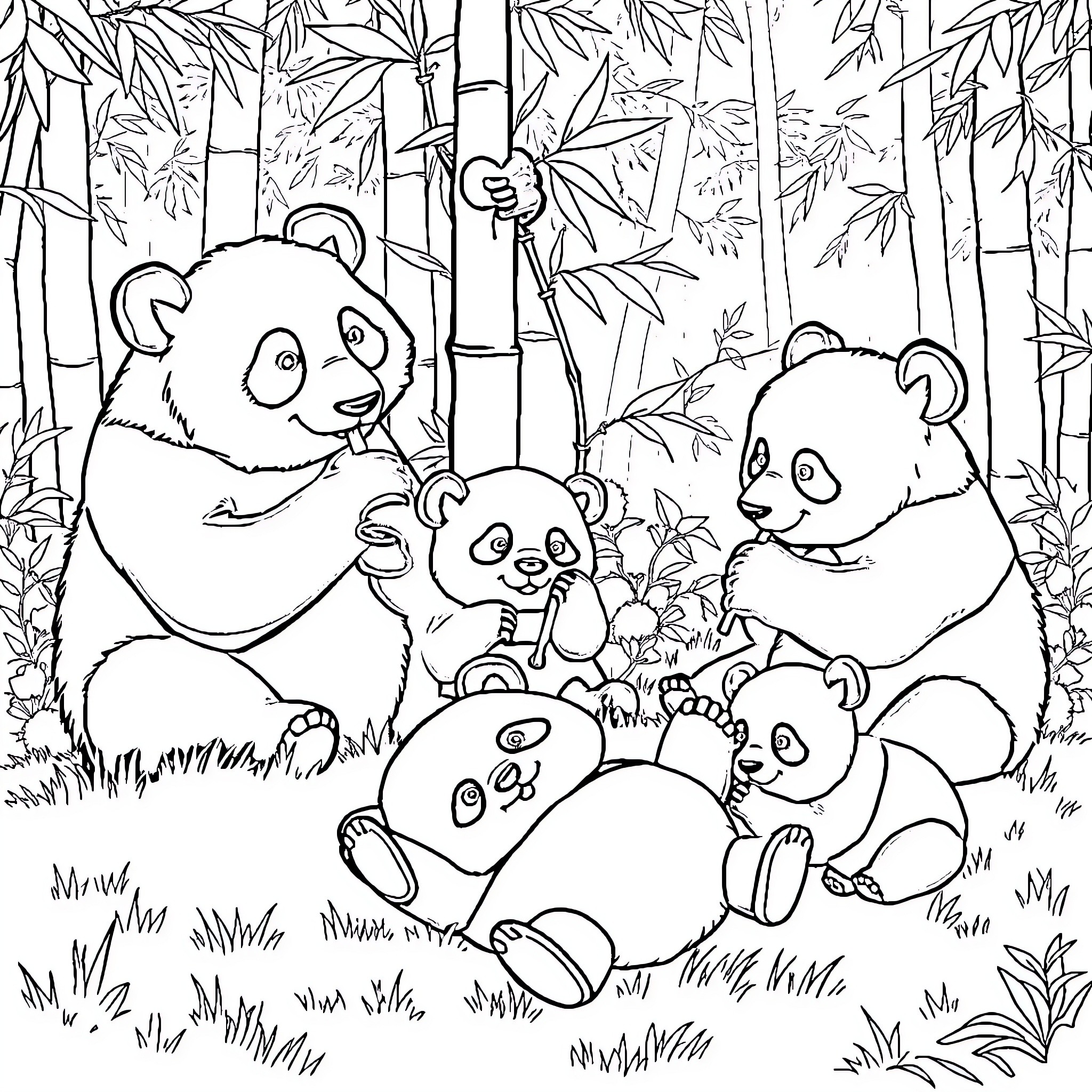 Panda family enjoying the bamboo forest Coloring Page (free black-and-white line drawing printable PDF for all, from beginners to advanced learners, including children, teens, adults, and seniors)
