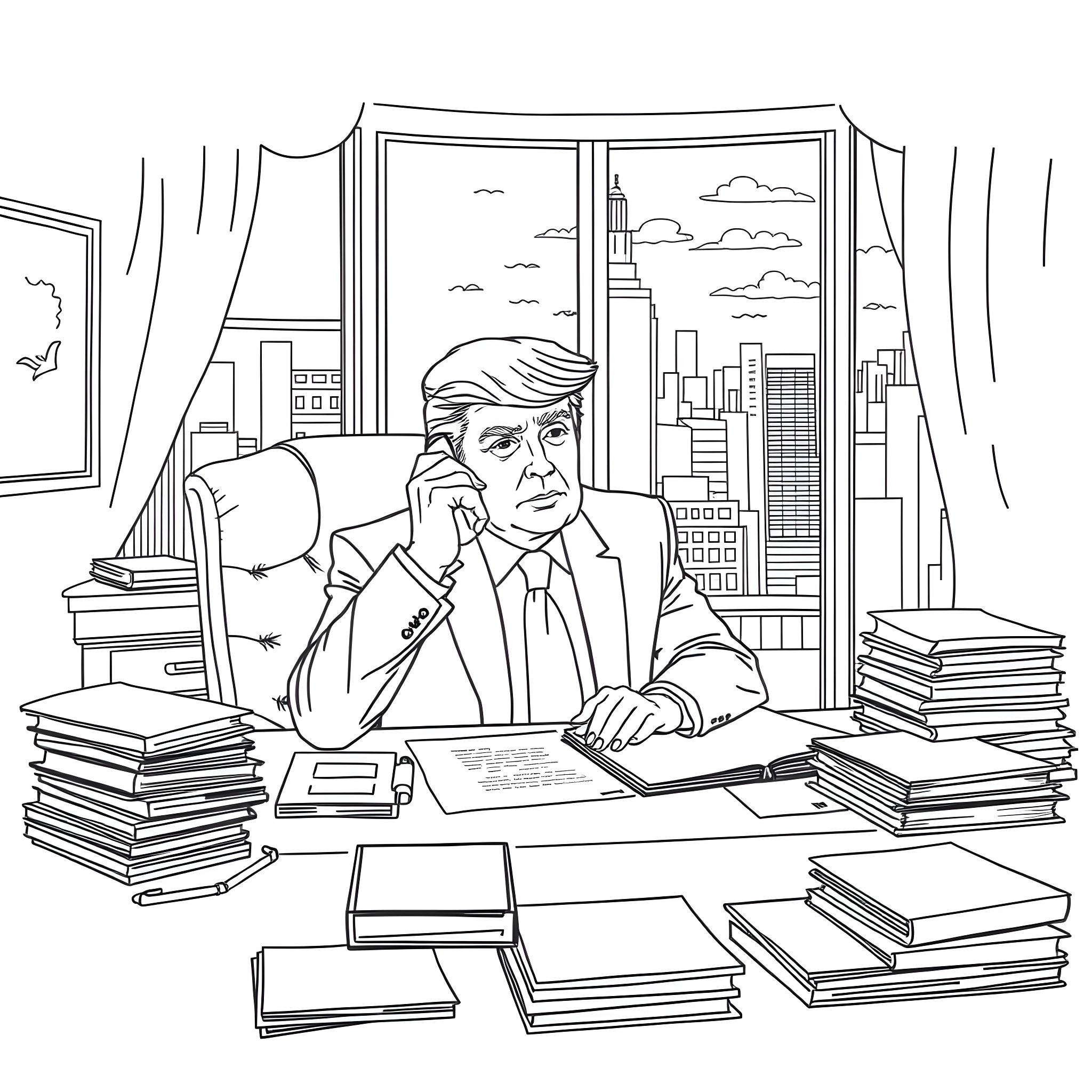 Trump working intensively at his cluttered desk Coloring Page (free black-and-white line drawing printable PDF for all, from beginners to advanced learners, including children, teens, adults, and seniors)