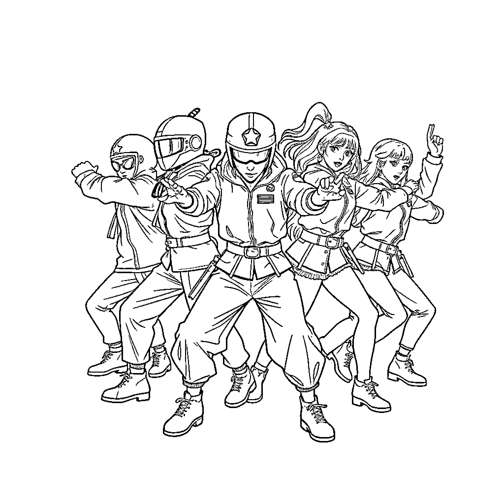 Kpop Warriors Assembled in Action-Packed Poses Coloring Page (free black-and-white line drawing printable PDF for all, from beginners to advanced learners, including children, teens, adults, and seniors)