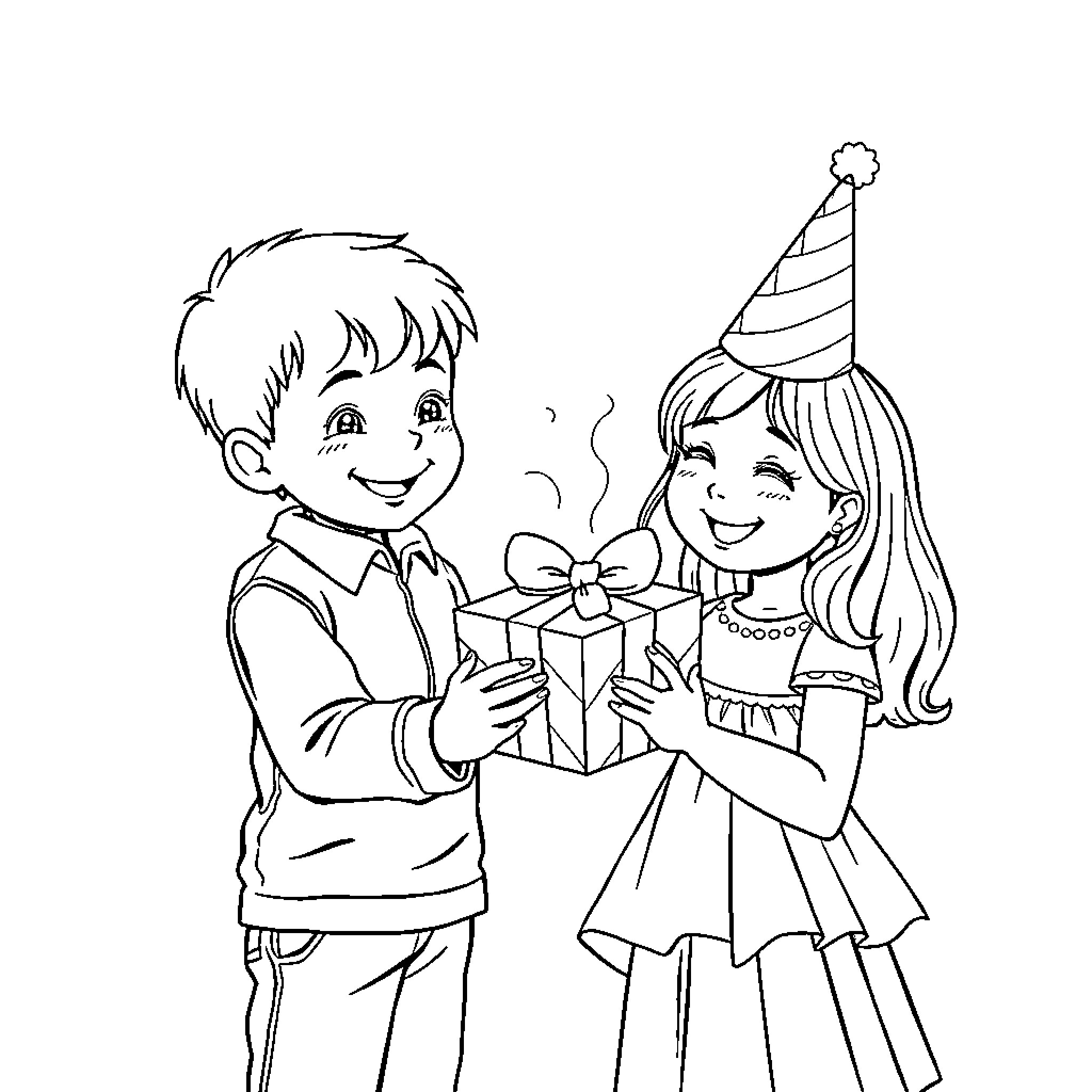 Boy and Girl Celebrating Birthday with Gift Box Coloring Page (free black-and-white line drawing printable PDF for all, from beginners to advanced learners, including children, teens, adults, and seniors)