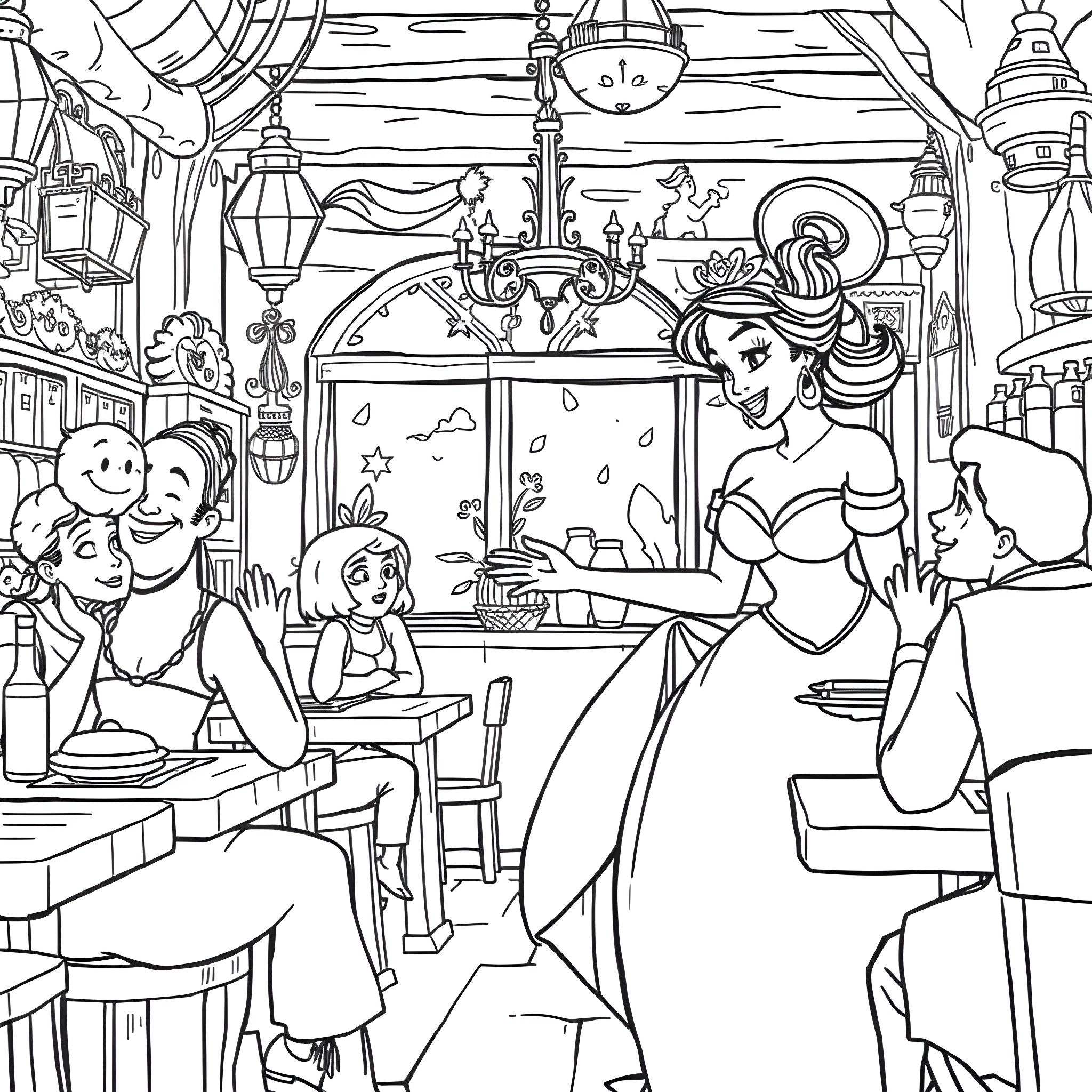 Princess Enjoying Evening at Elegant Cafe Coloring Page (free black-and-white line drawing printable PDF for all, from beginners to advanced learners, including children, teens, adults, and seniors)