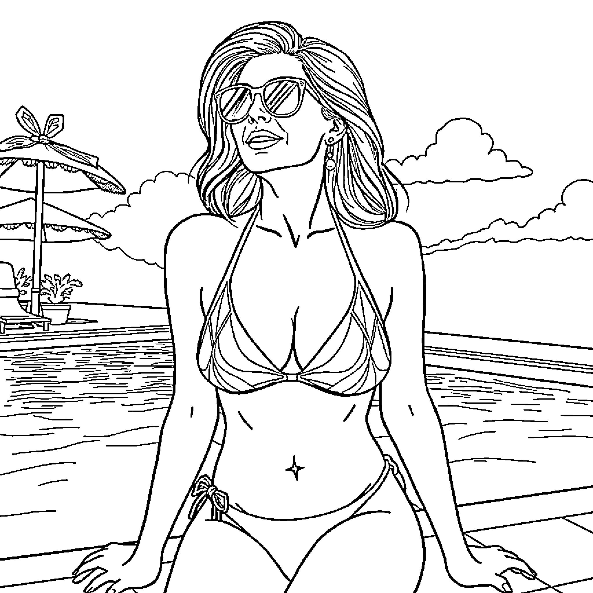 Sarah Pallin relaxing in a swimsuit by the pool Coloring Page (free black-and-white line drawing printable PDF for all, from beginners to advanced learners, including children, teens, adults, and seniors)