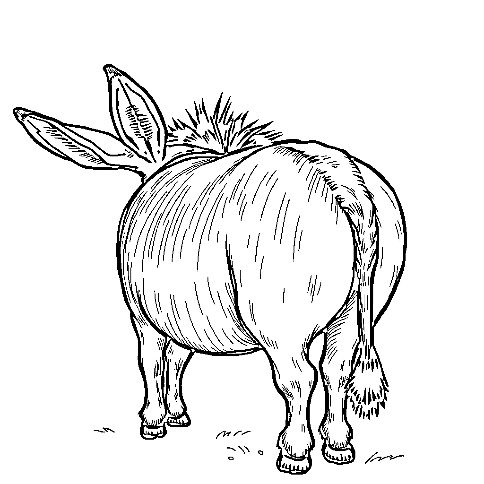 Donkey standing in the field Coloring Page (free black-and-white line drawing printable PDF for all, from beginners to advanced learners, including children, teens, adults, and seniors)