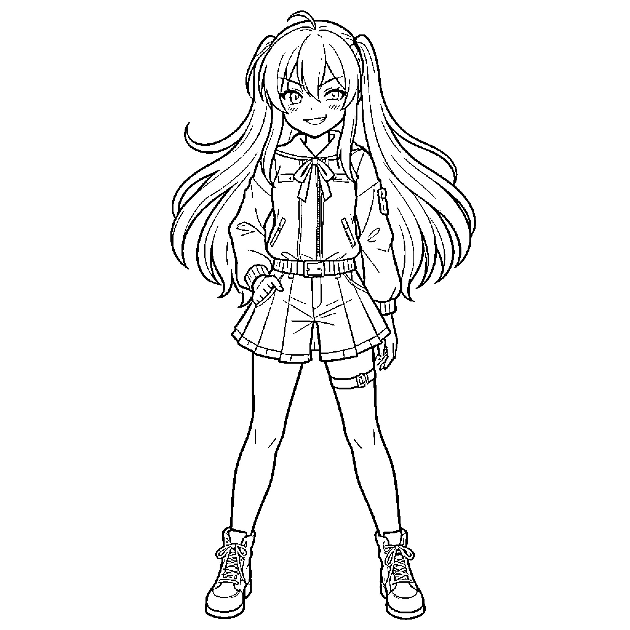 Junko Enoshima smiling with enthusiasm in her school uniform Coloring Page (free black-and-white line drawing printable PDF for all, from beginners to advanced learners, including children, teens, adults, and seniors)