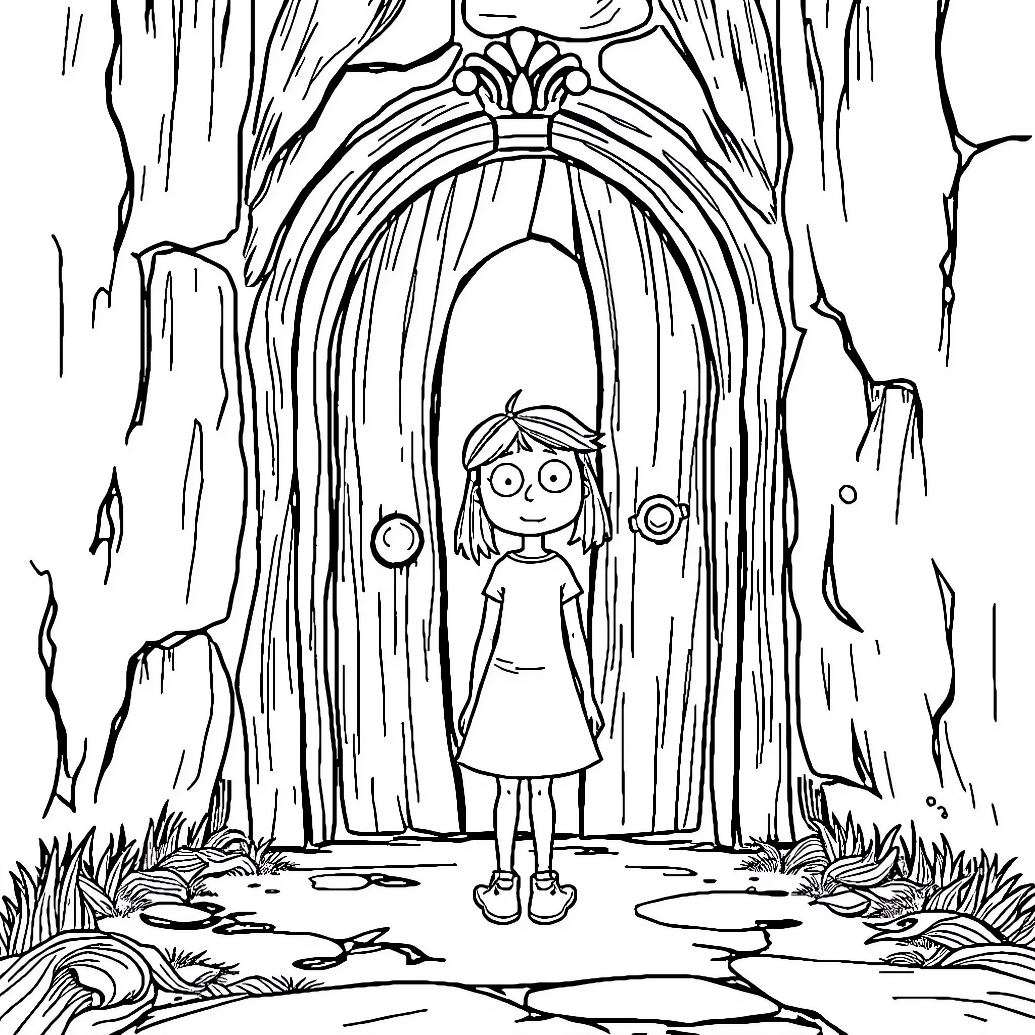 Coraline entering the mysterious portal Coloring Page (free black-and-white line drawing printable PDF for all, from beginners to advanced learners, including children, teens, adults, and seniors)
