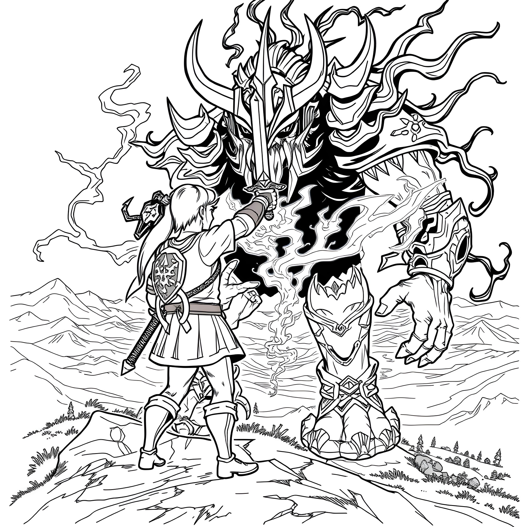 Link battling a fearsome demonic entity in the wilderness Coloring Page (free black-and-white line drawing printable PDF for all, from beginners to advanced learners, including children, teens, adults, and seniors)