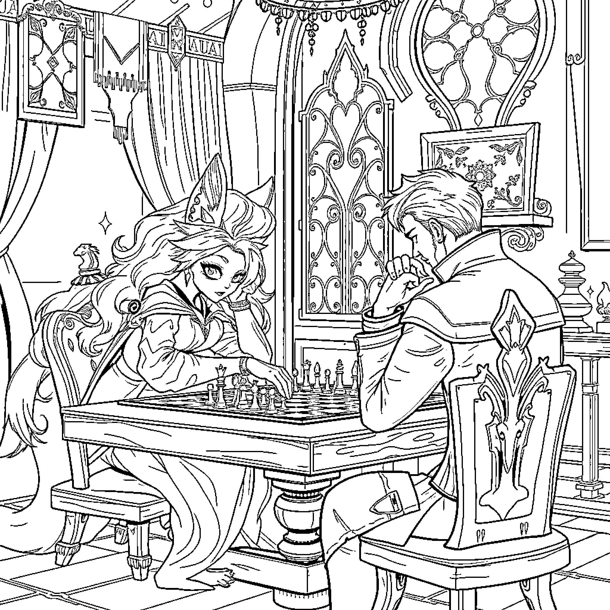 Y'shtola playing chess in an ornate chamber Coloring Page (free black-and-white line drawing printable PDF for all, from beginners to advanced learners, including children, teens, adults, and seniors)