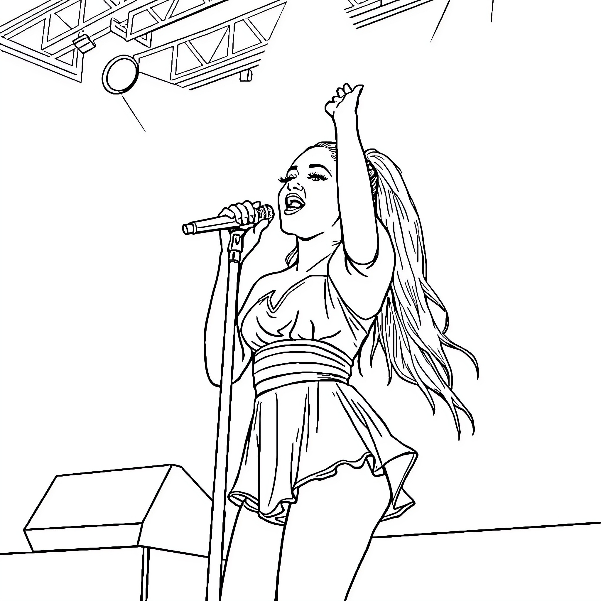 Ariana Grande performing on stage with energy and passion Coloring Page (free black-and-white line drawing printable PDF for all, from beginners to advanced learners, including children, teens, adults, and seniors)