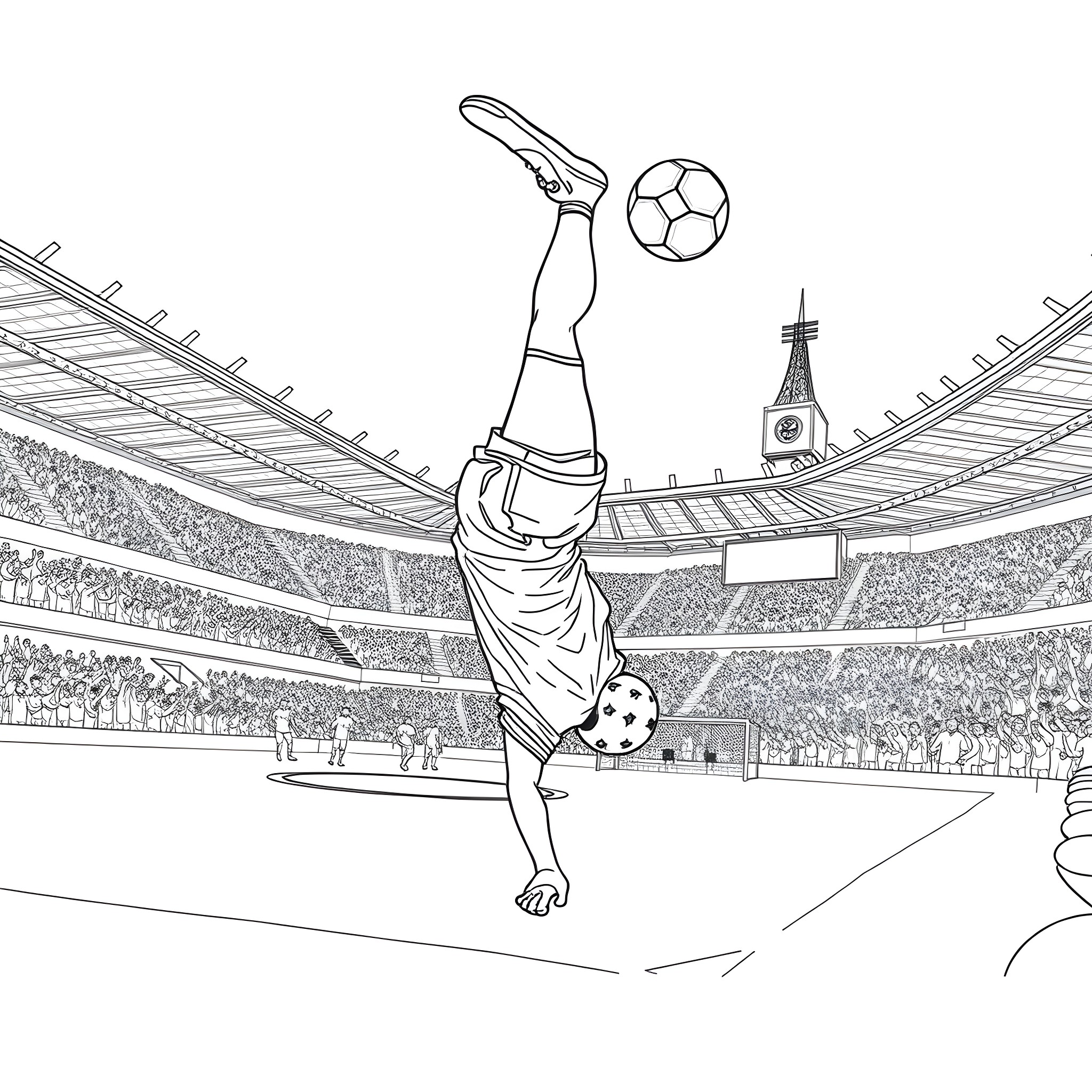 Football Player Performing Acrobatic Move on Field Coloring Page (free black-and-white line drawing printable PDF for all, from beginners to advanced learners, including children, teens, adults, and seniors)