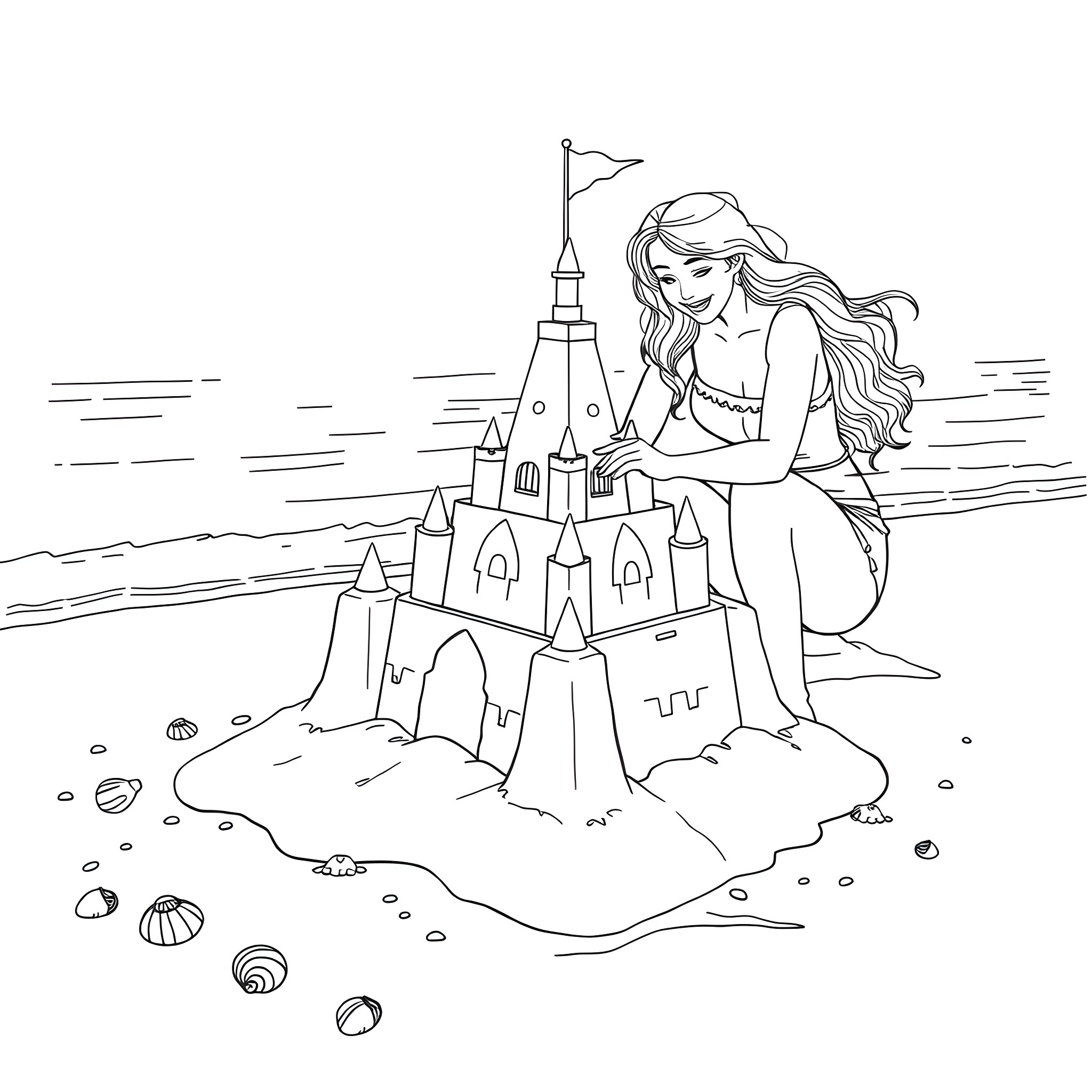 Female building a sand castle on the beach Coloring Page (free black-and-white line drawing printable PDF for all, from beginners to advanced learners, including children, teens, adults, and seniors)