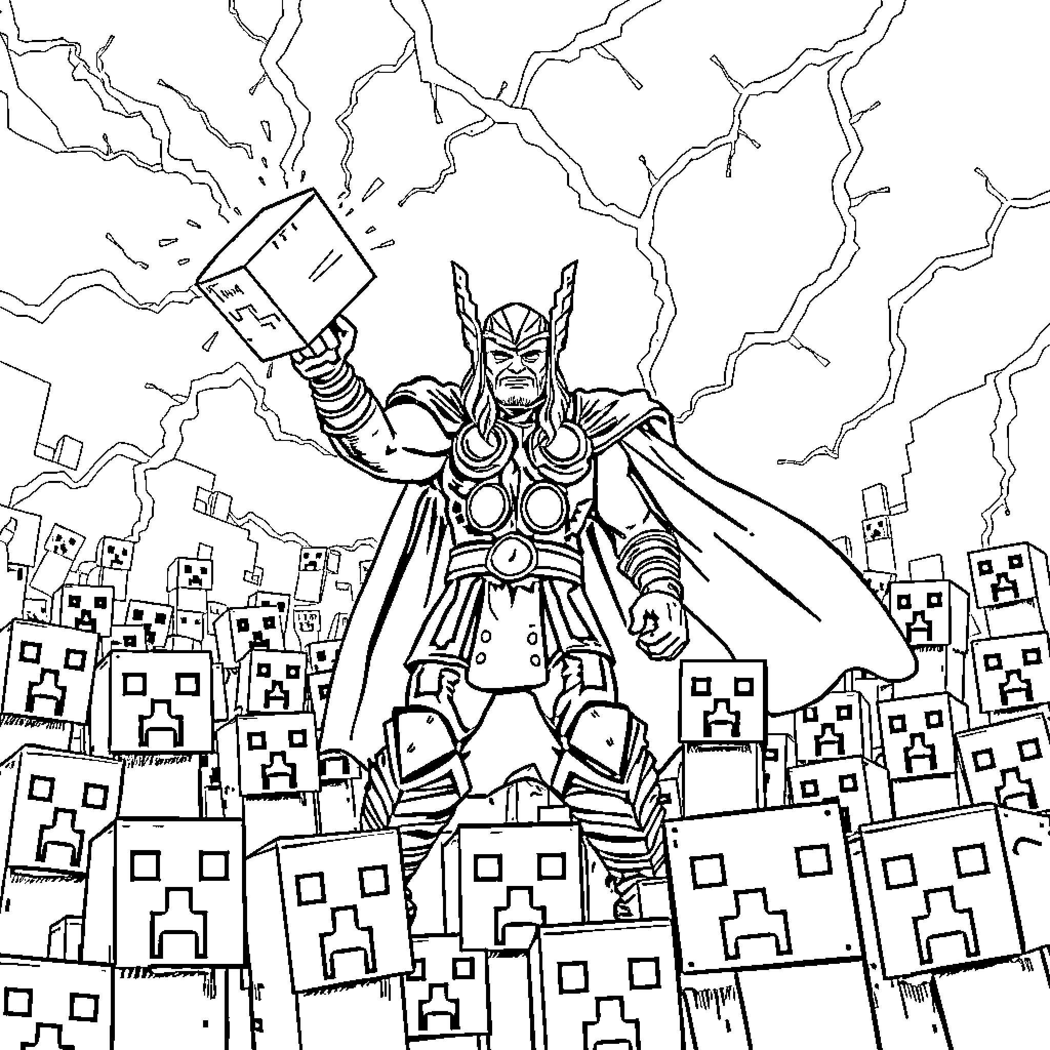 Thor wielding his mighty hammer in an epic battle scene Coloring Page (free black-and-white line drawing printable PDF for all, from beginners to advanced learners, including children, teens, adults, and seniors)